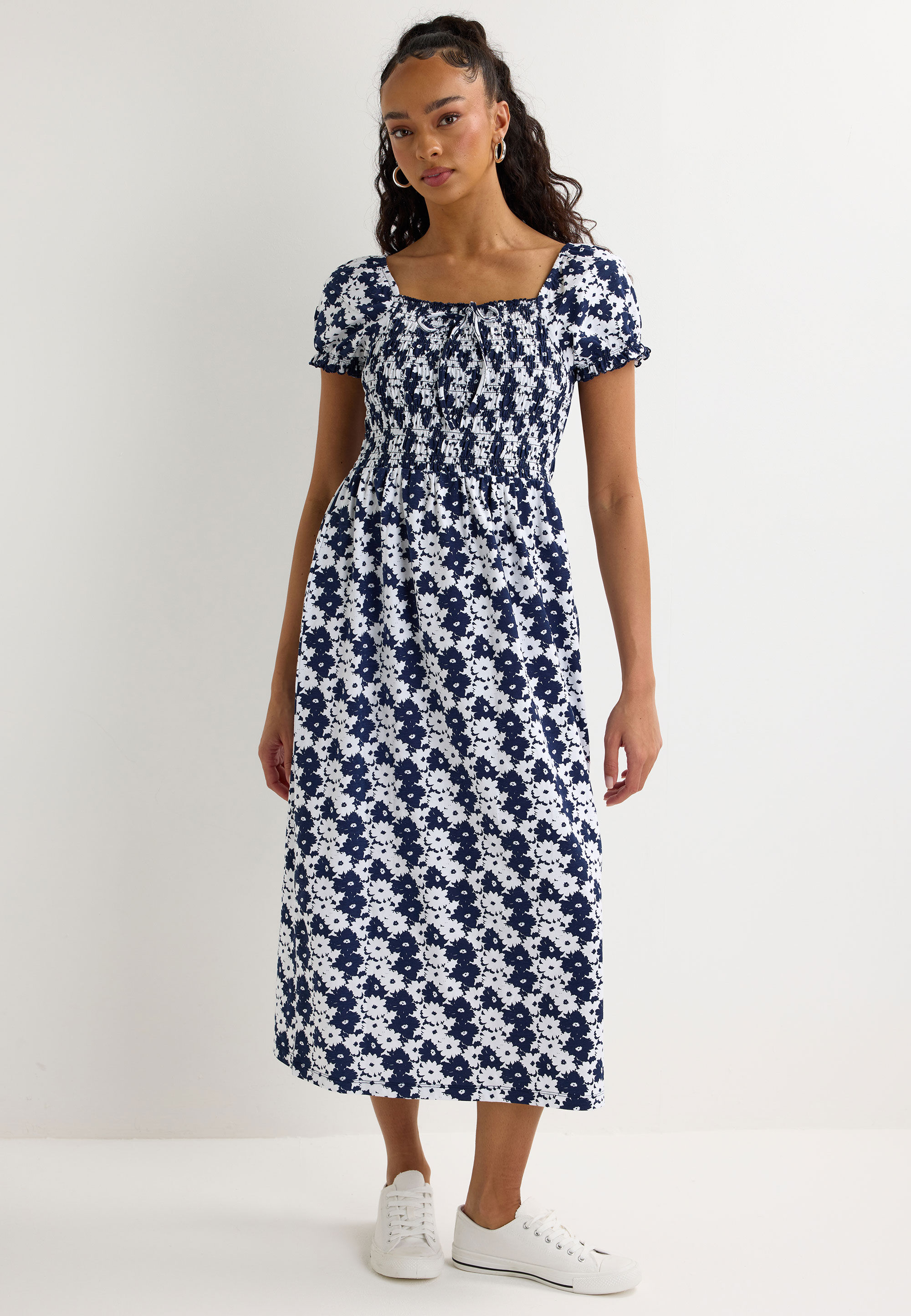 Womens Navy Floral Milkmaid Shirred Tie Detail Midi Dress