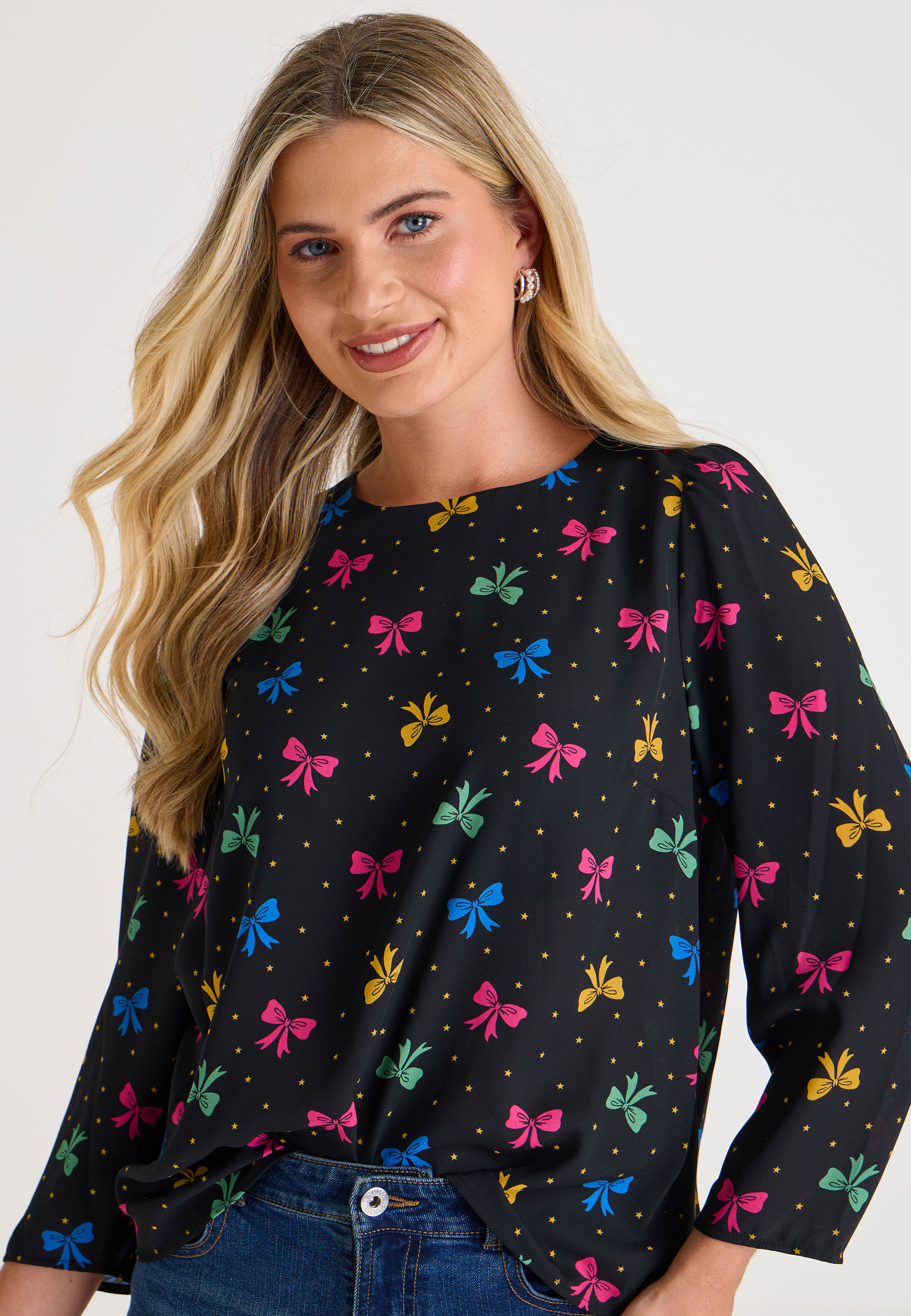 Womens Black Bow Christmas Long Sleeve Top