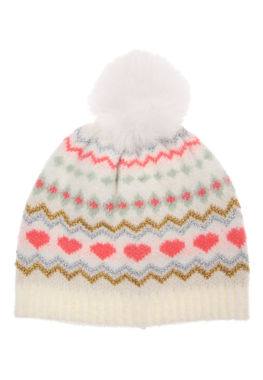 Younger Girls Cream Fairisle Bobble Hat