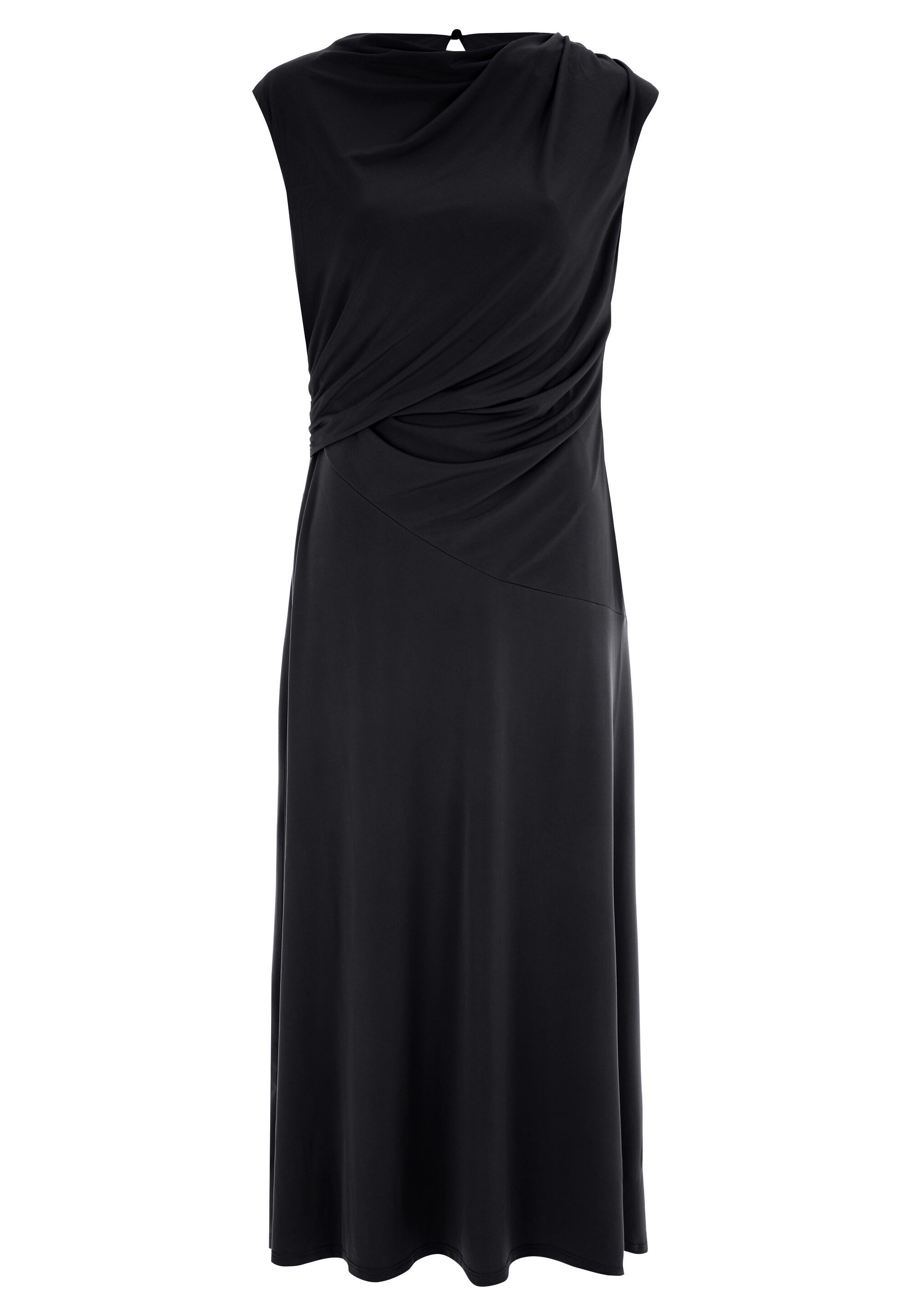 Womens Black Asymmetrical Drape Midi Dress