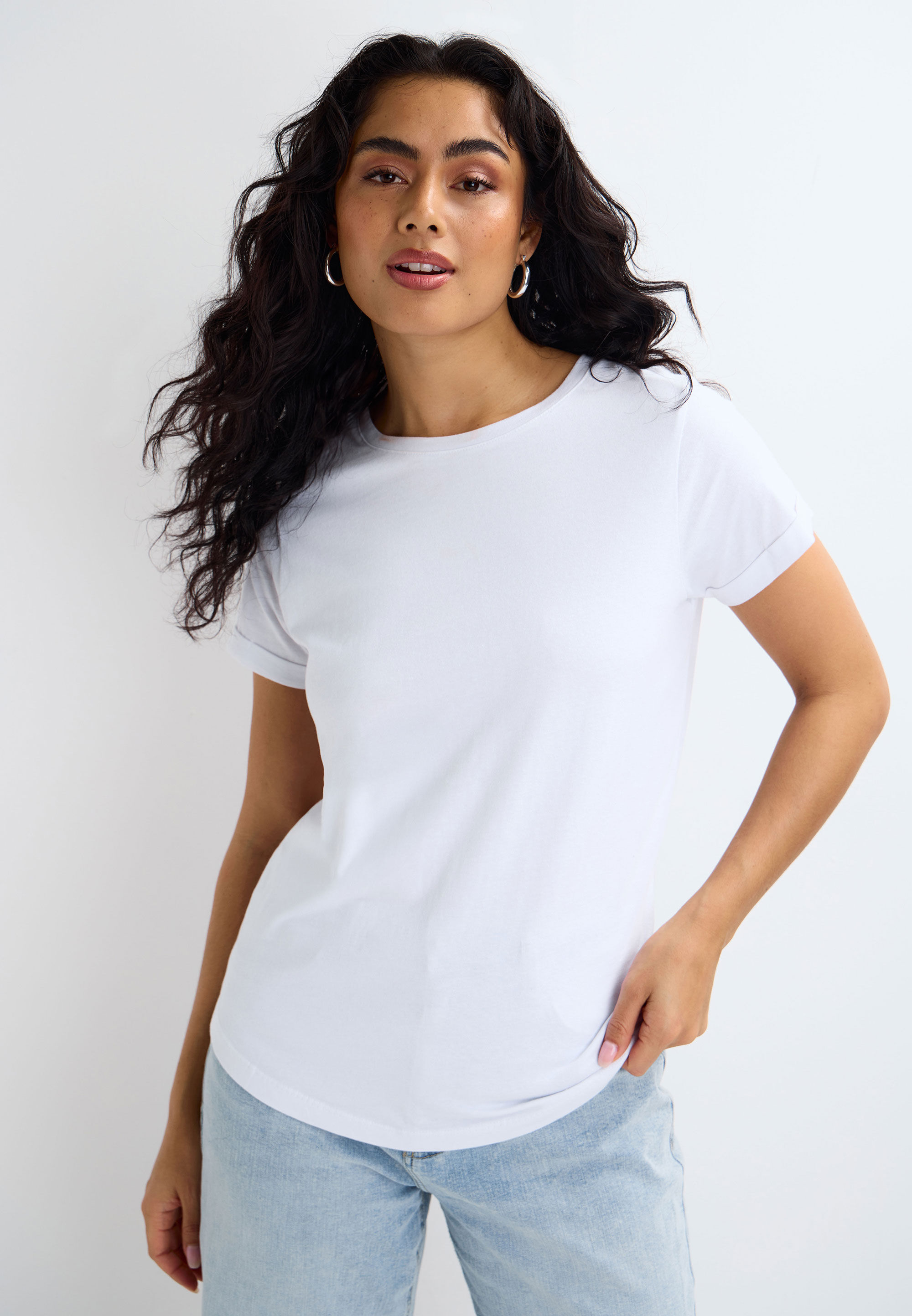 Womens White Plain Roll Sleeve T-shirt