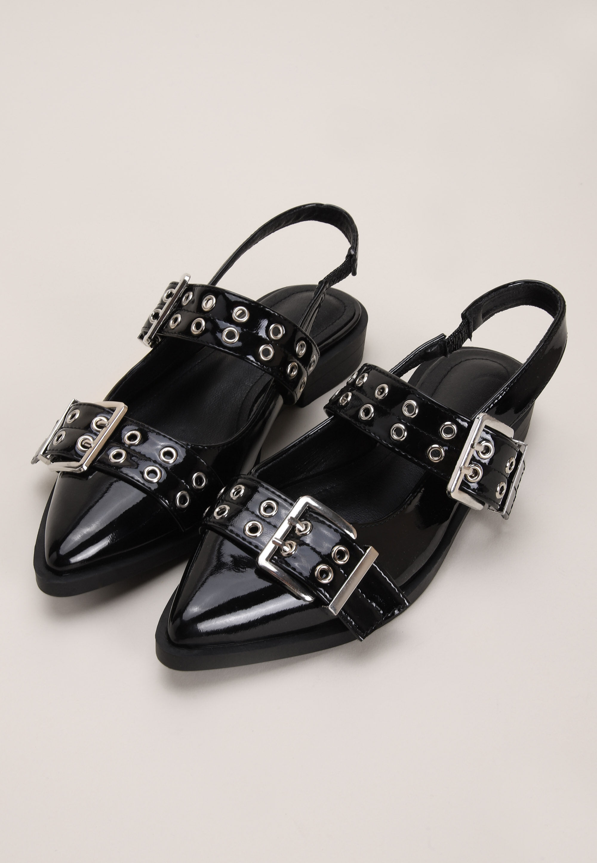 Womens Black Biker Strap Slingback Ballet Pump