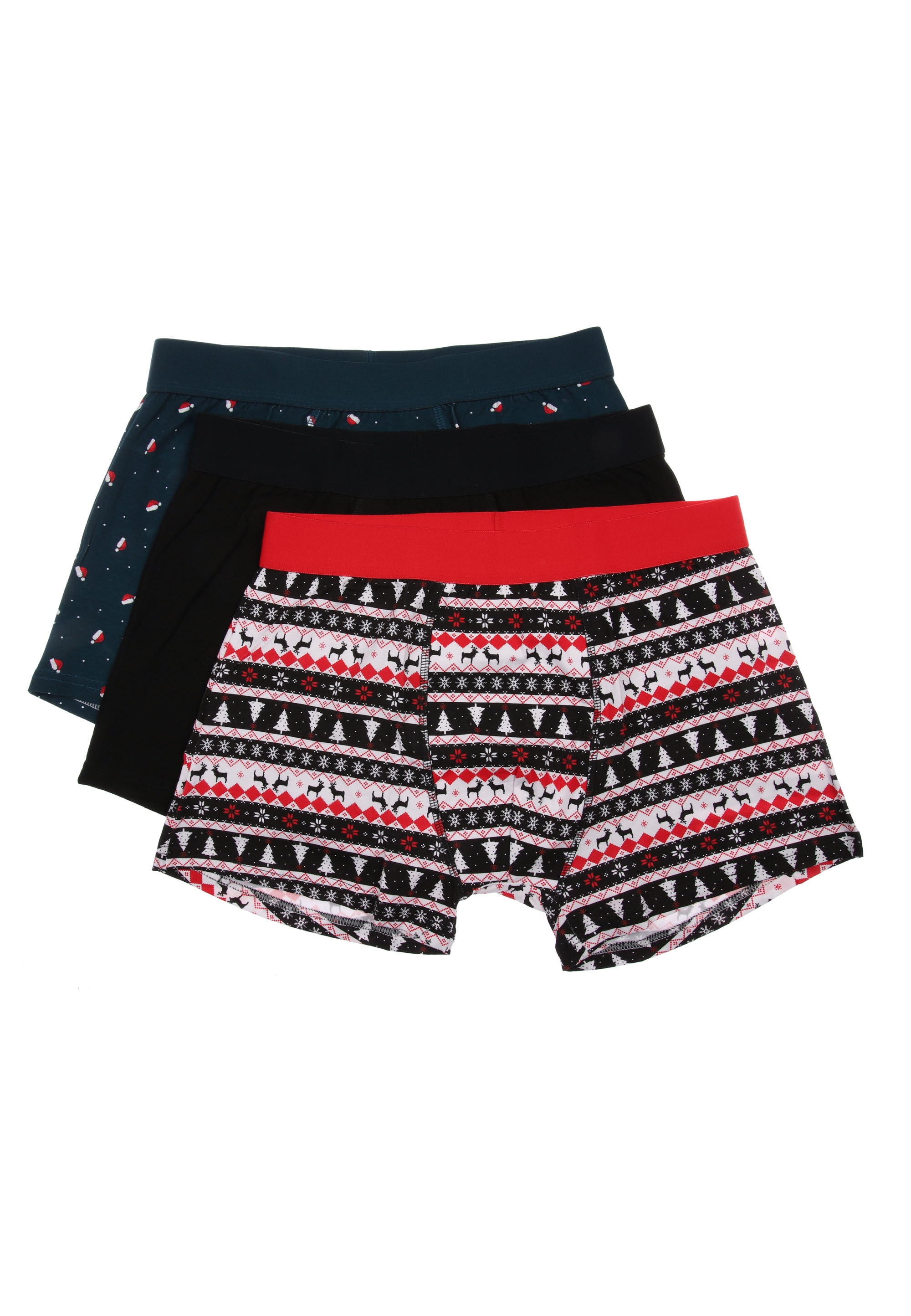 Mens 3pk Green & Red Fairisle Hipster Stretch Trunks