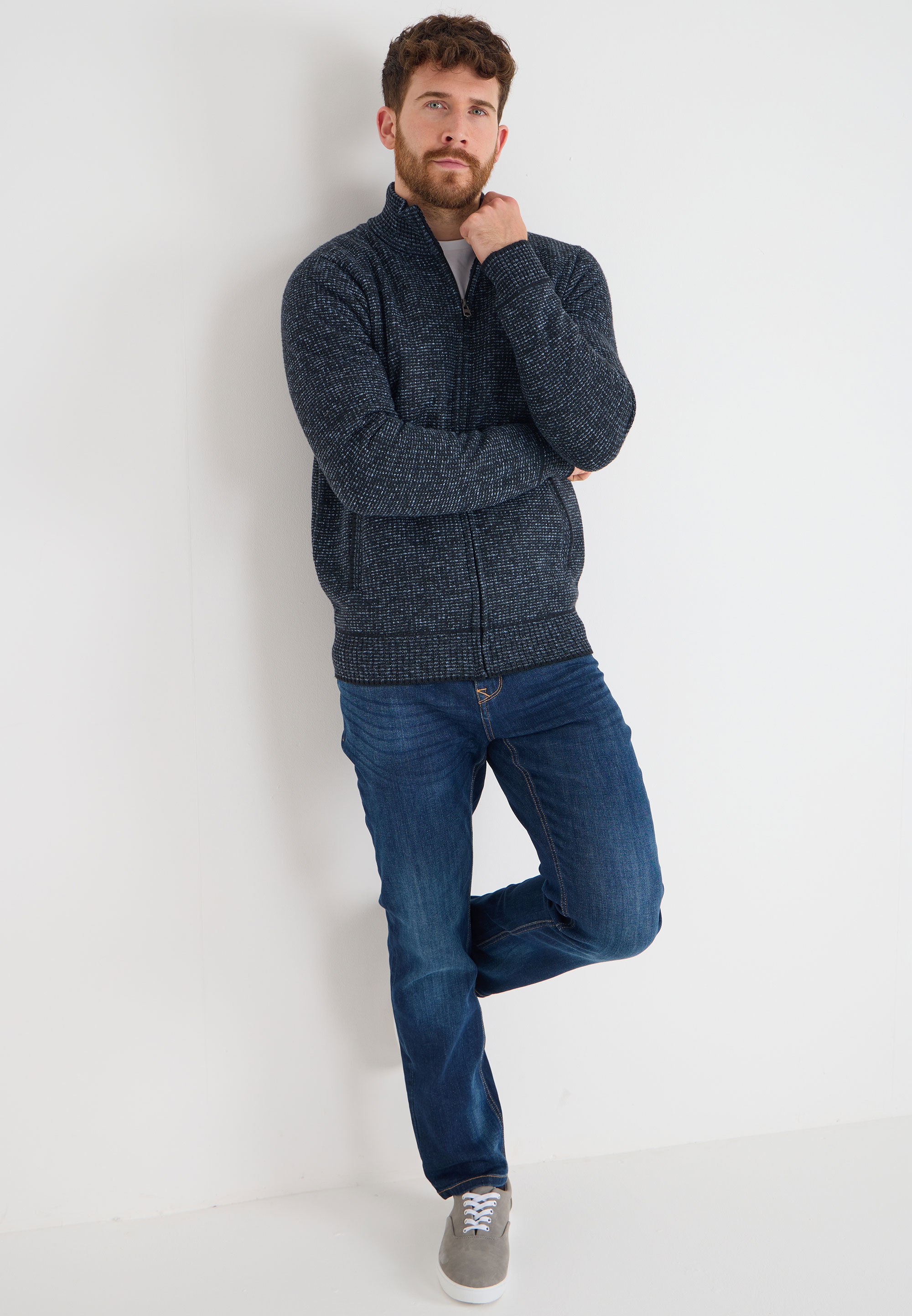 Mens Blue Sherpa Zip Through Knitted Cardigan