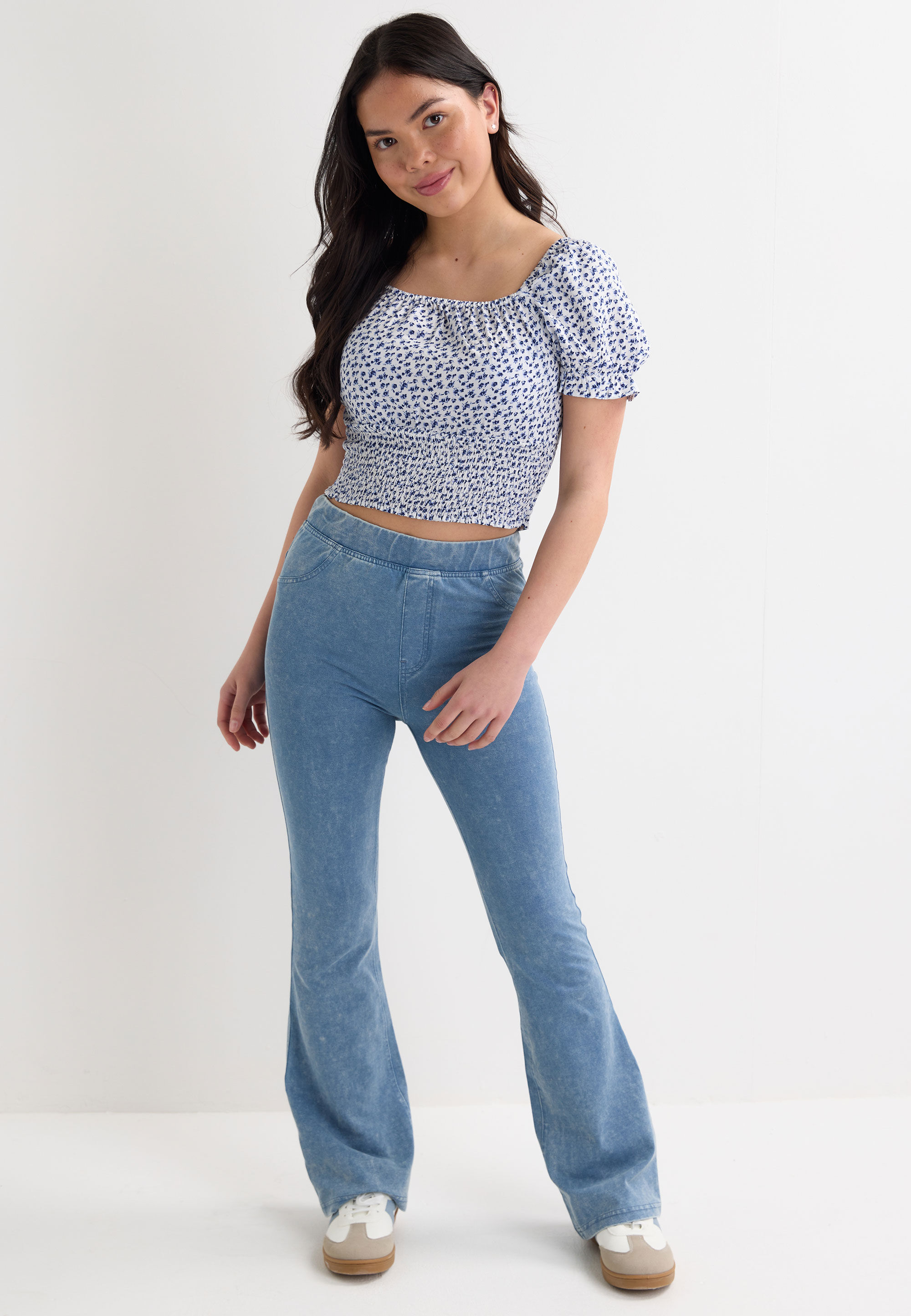 Older Girls Blue Floral Shirred Short Sleeve Top