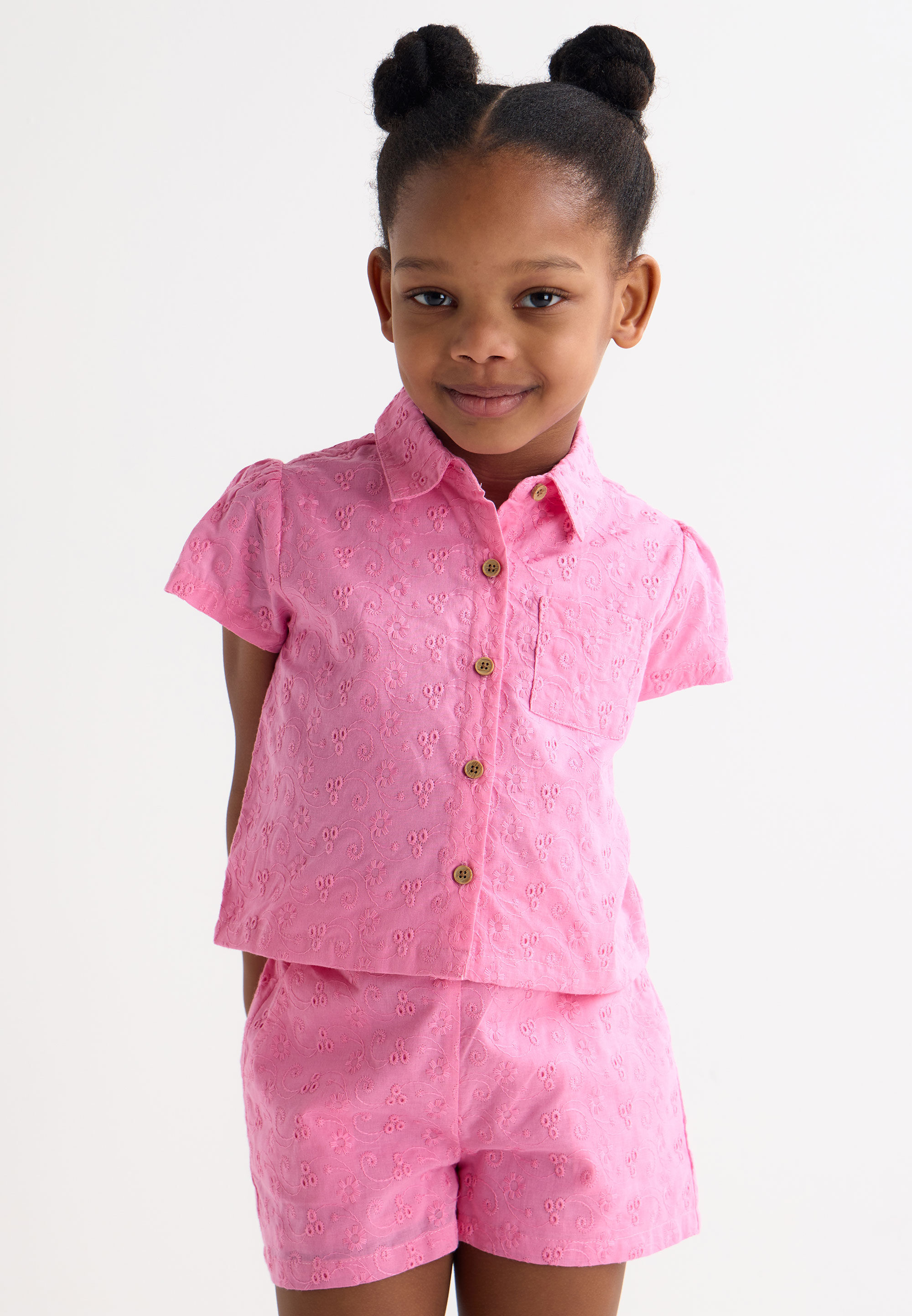 Younger Girls Pink Broderie Anglaise Shirt & Short Set
