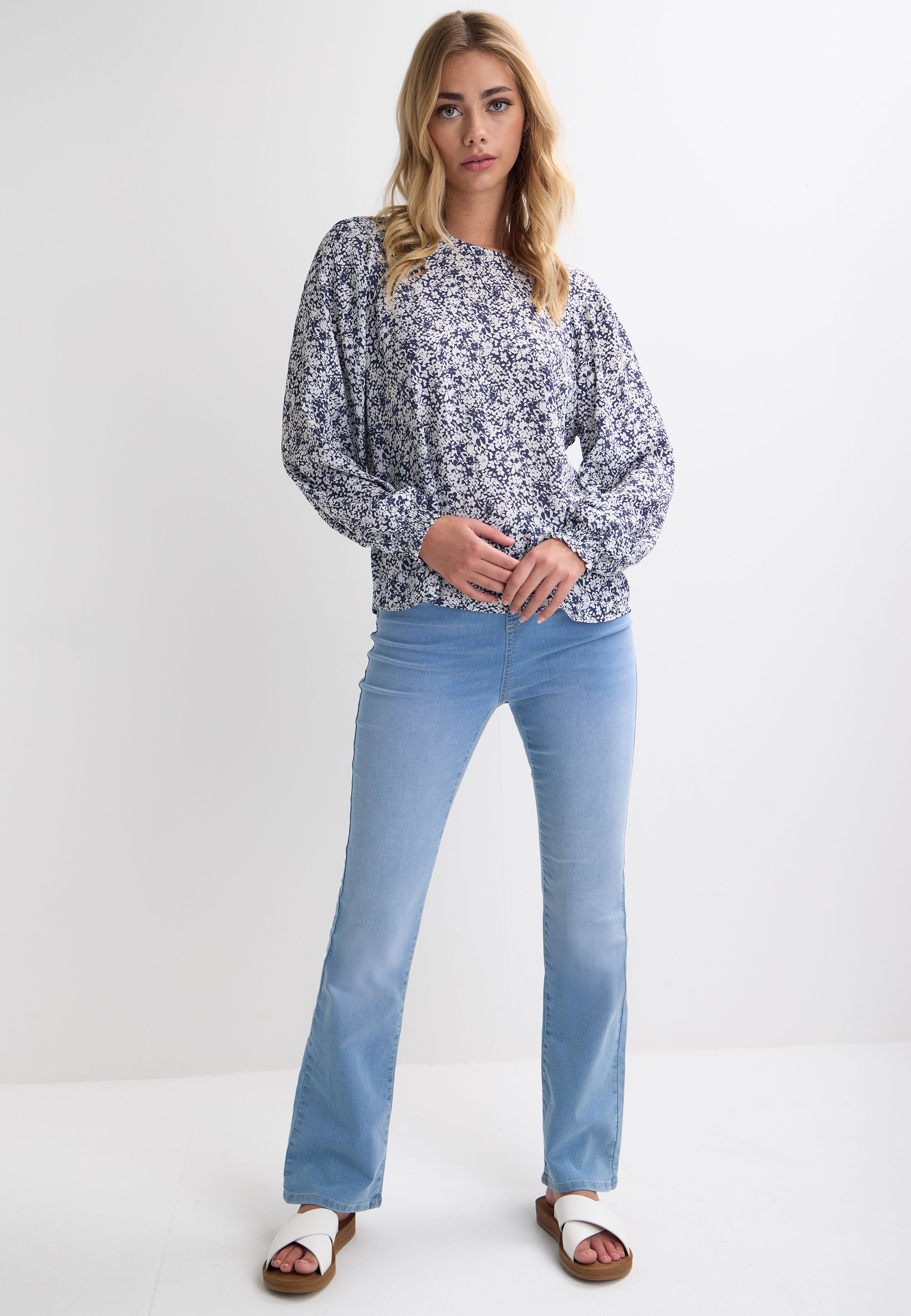 Womens Navy Ditsy Floral Long Sleeve Top