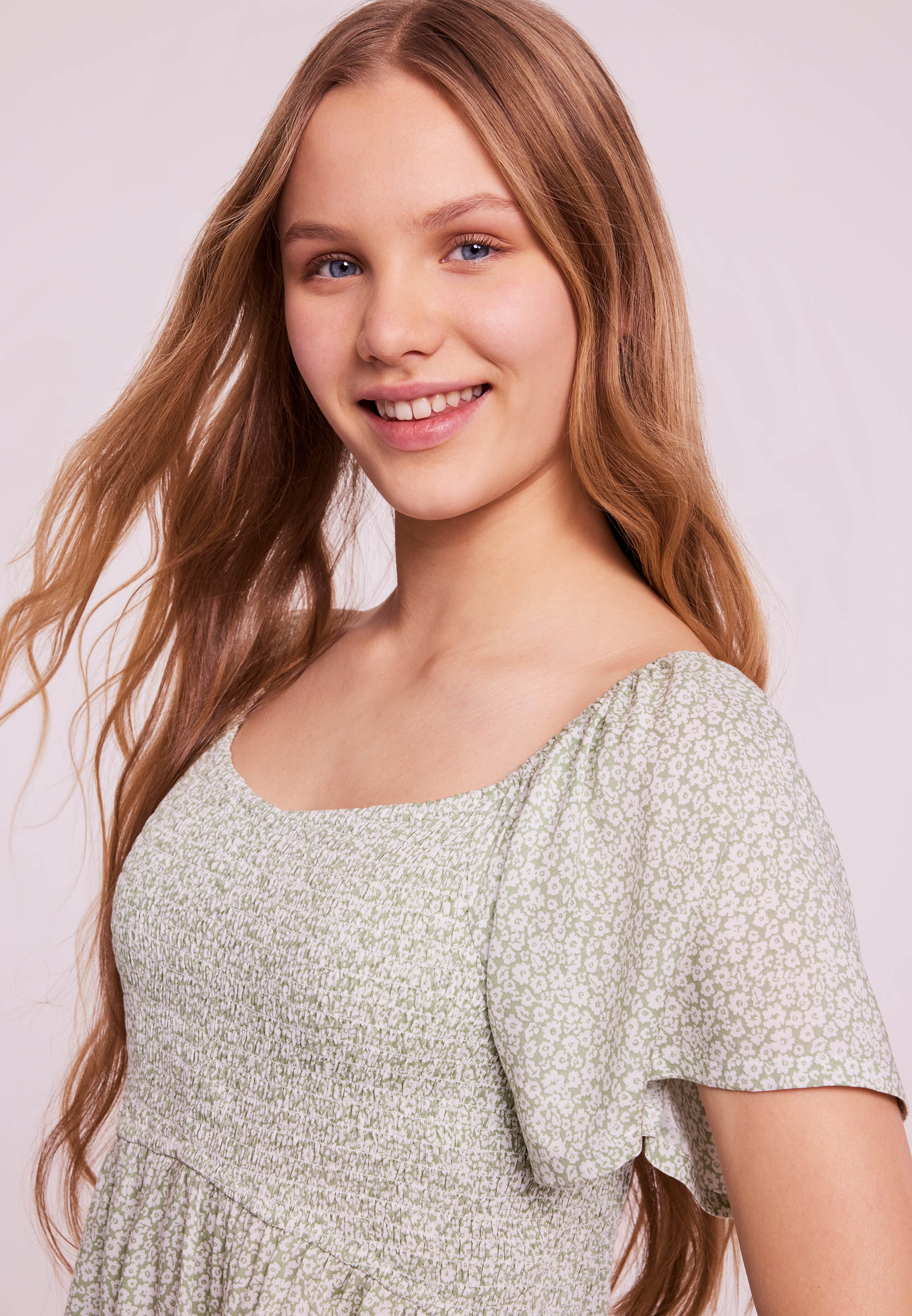 Older Girls Green Floral Shirred Flute Sleeve Top