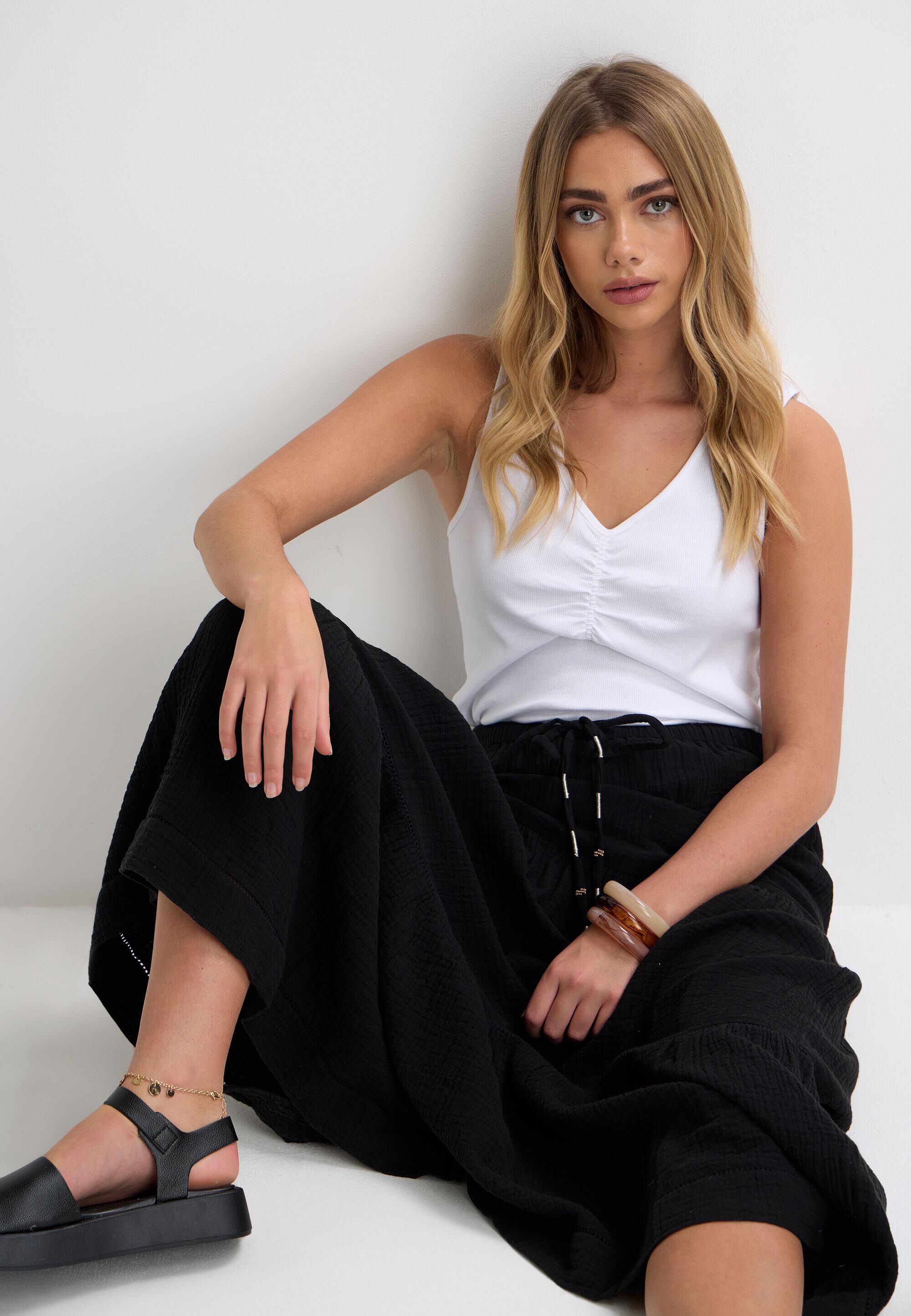 Womens Black Plain Double Cotton Tiered Maxi Skirt
