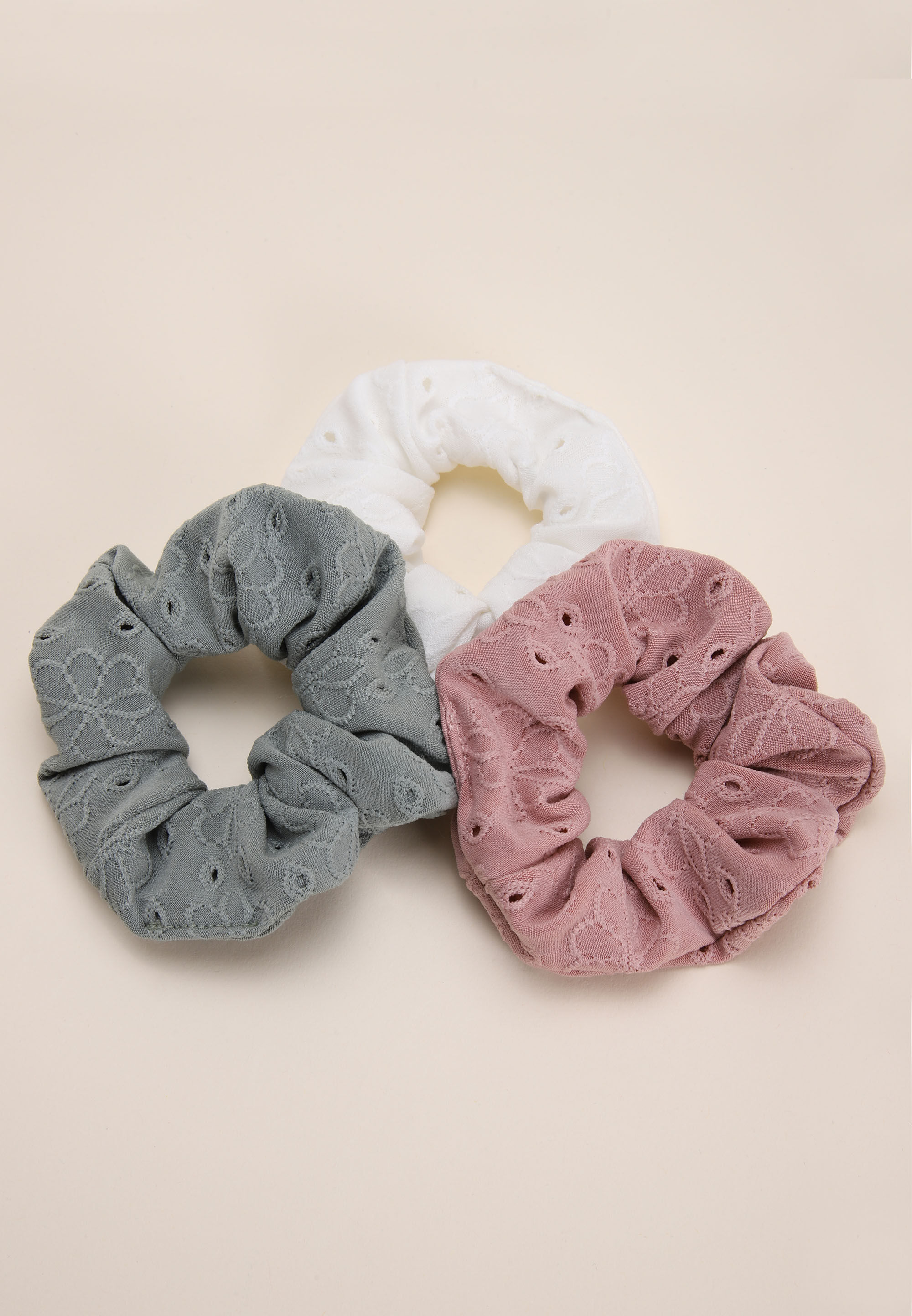 Womens 3pk Pink, Green and Cream Scrunchies