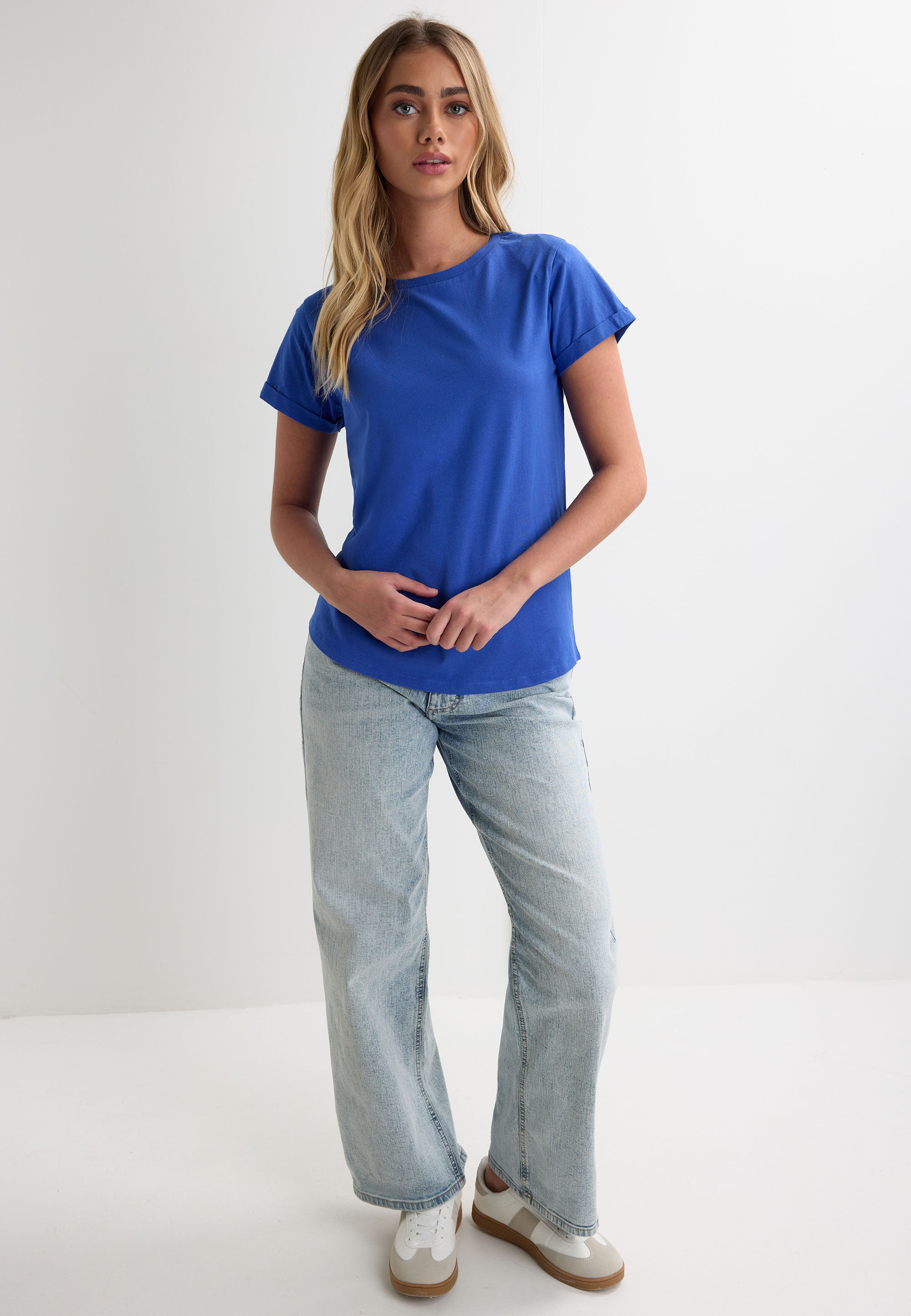 Womens Cobalt Blue Plain Roll Sleeve T-shirt