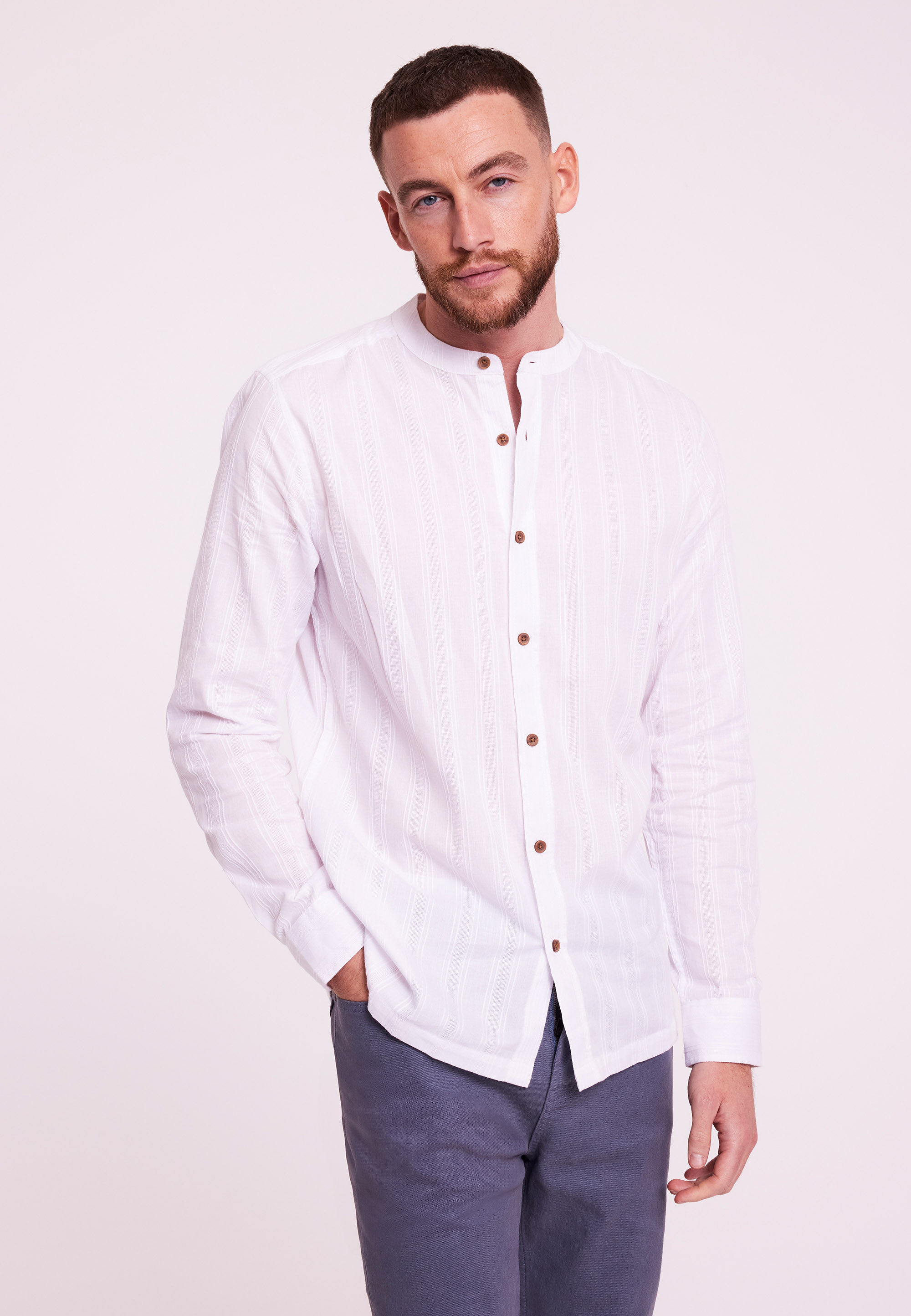 Mens White Plain Dobby Granddad Shirt