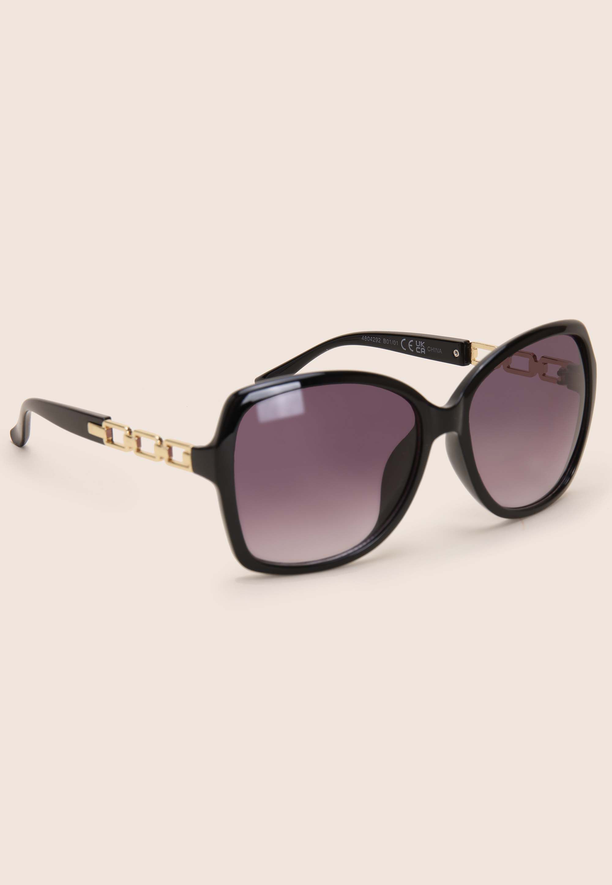 Womens Black & Gold Chain Rectangle Large Sunglasses