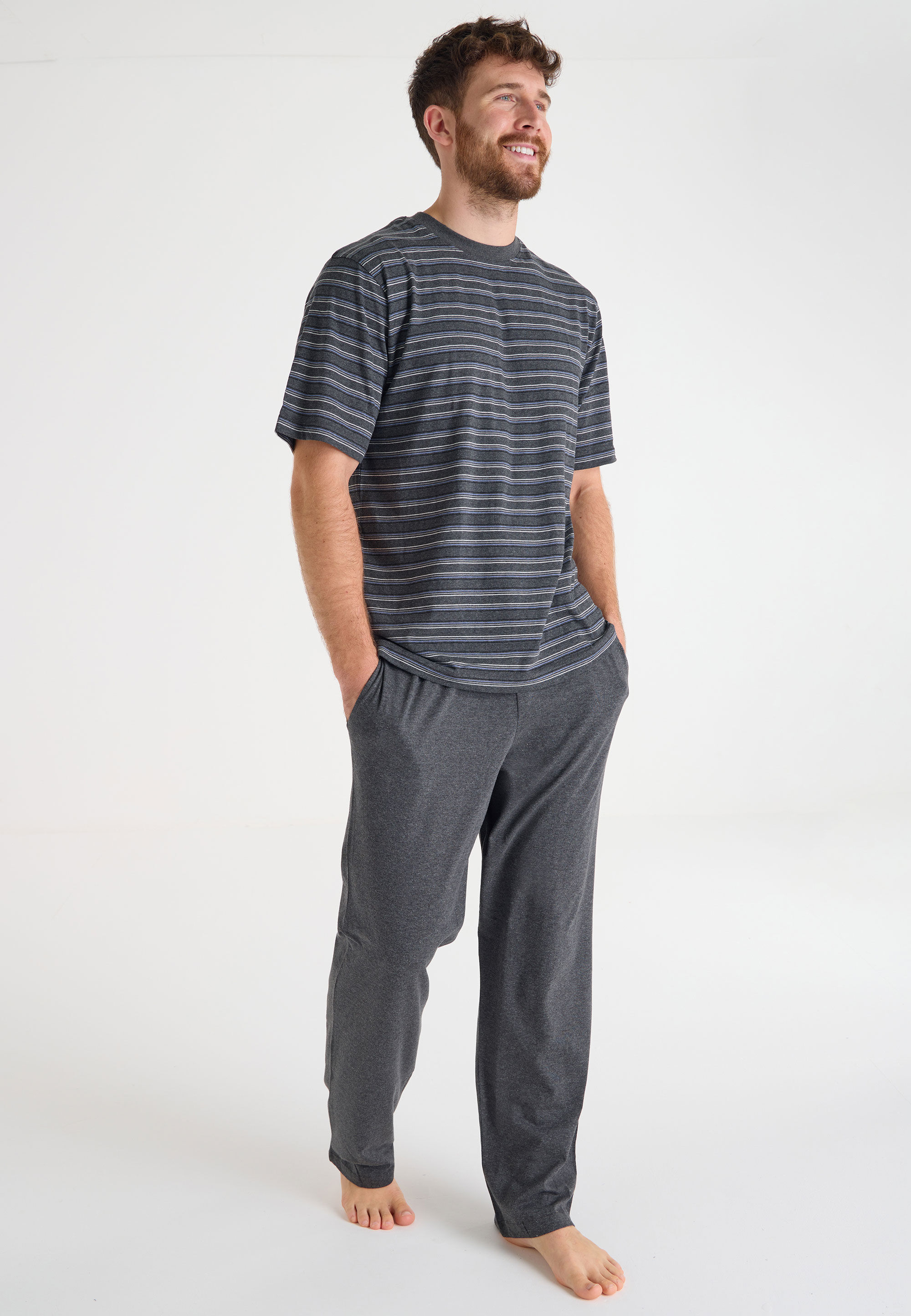 Mens Charcoal Stripe Jersey Pyjama Set