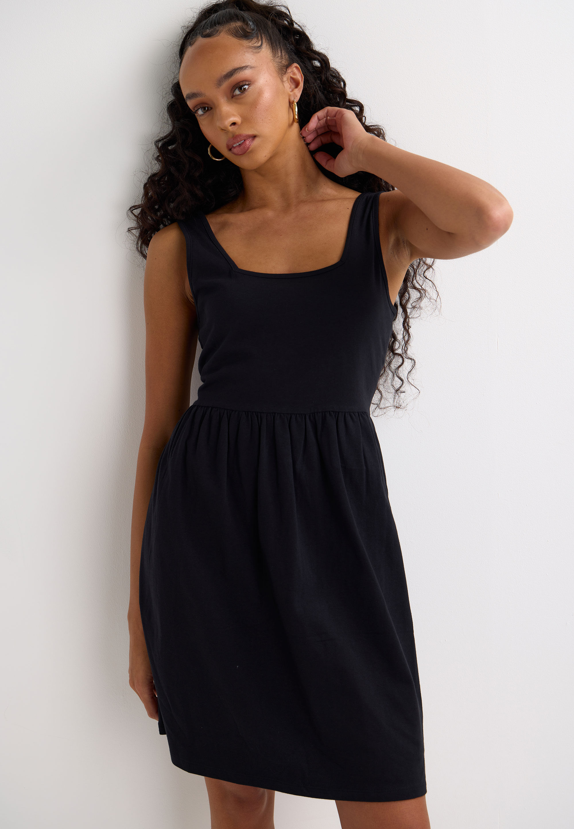 Womens Black Jersey Square Neck Dress