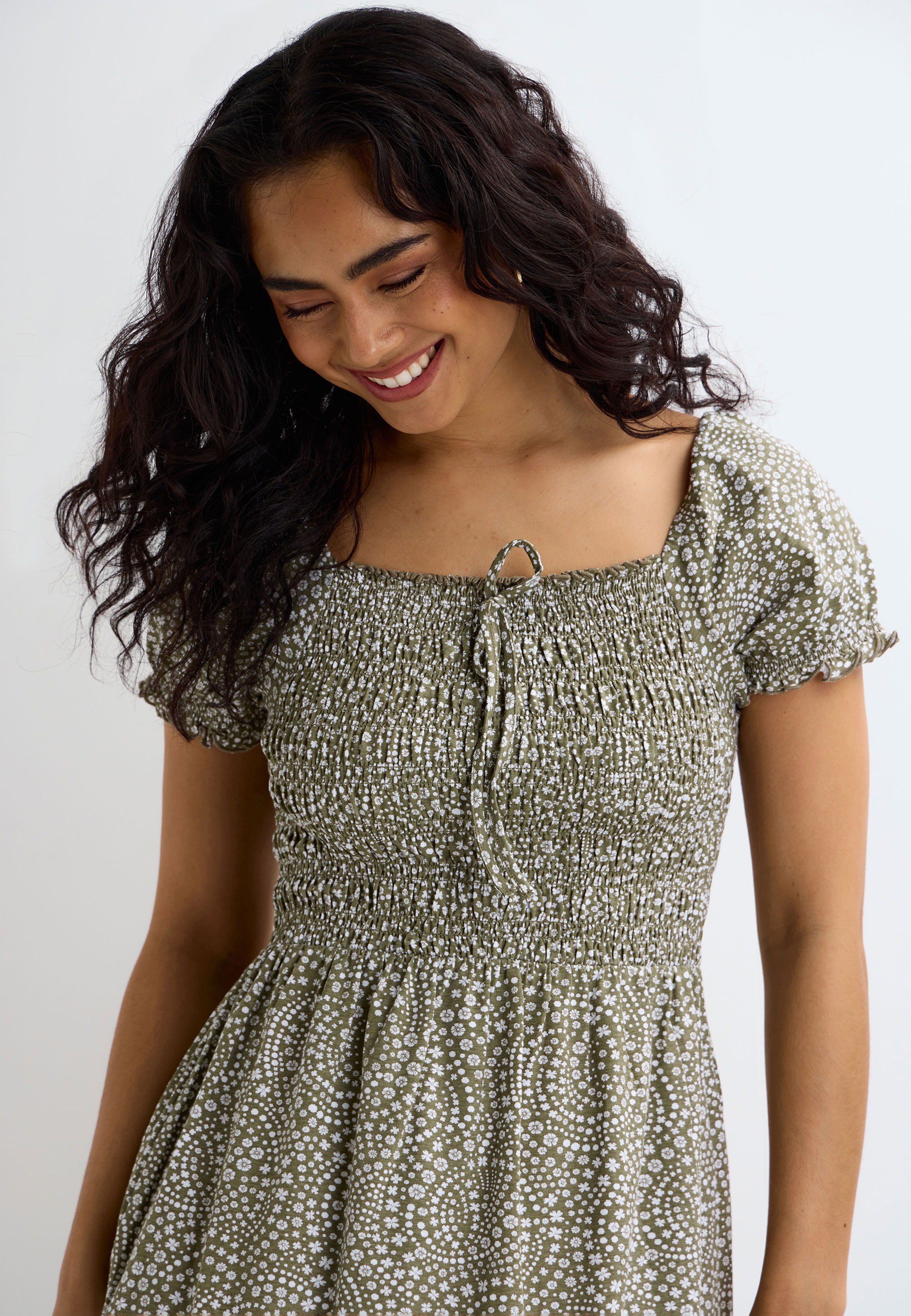 Womens Sage Floral Milkmaid Shirred Tie Detail Midi Dress