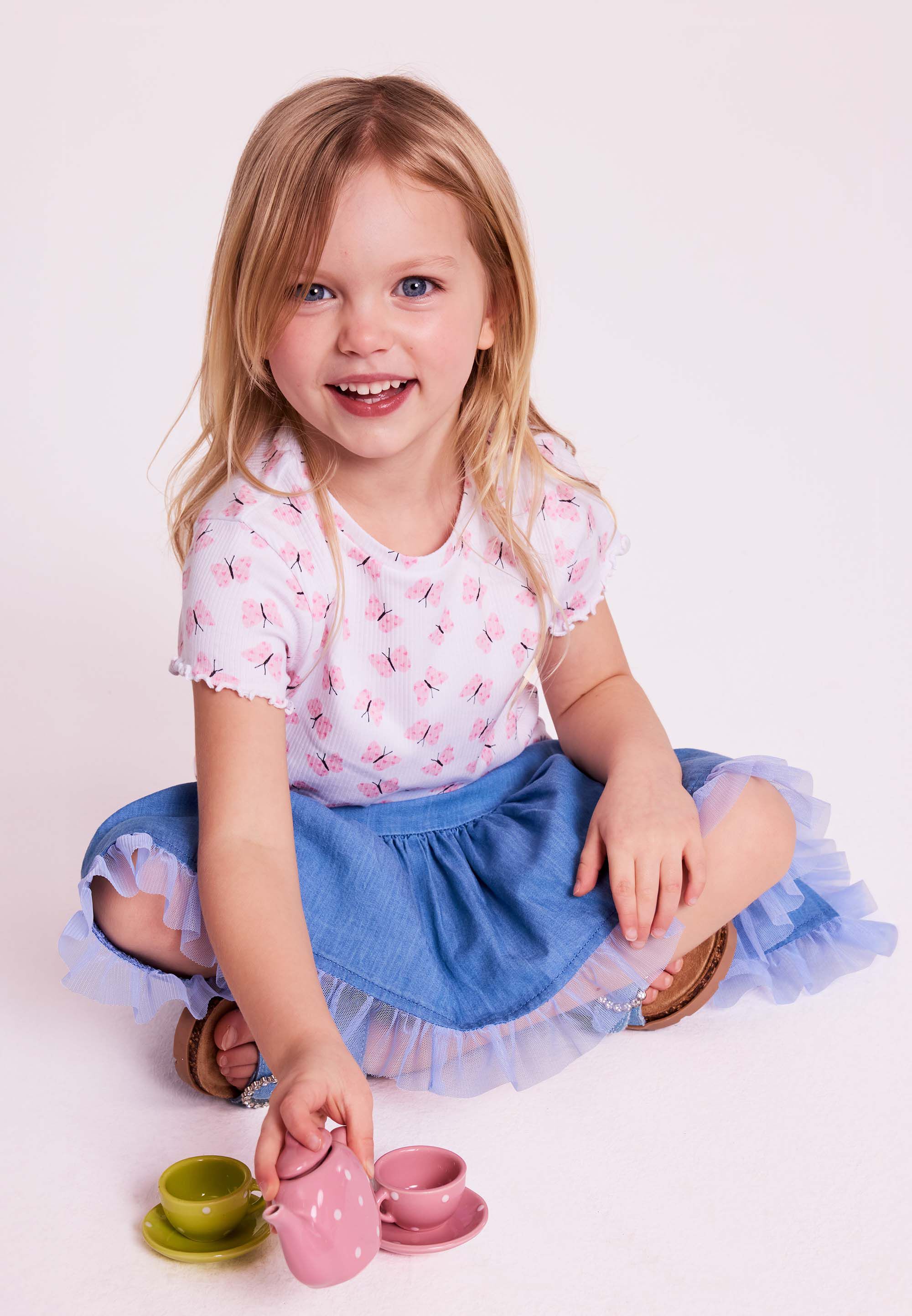 Younger Girls White & Pink Butterfly Print Ribbed Top