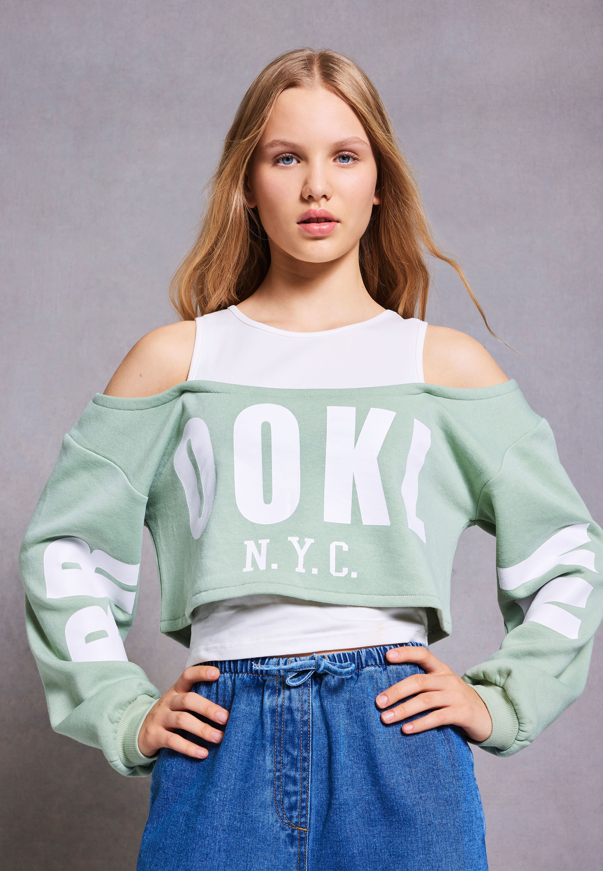 Older Girls Mint 2 in 1 Cold Shoulder Sweat Top