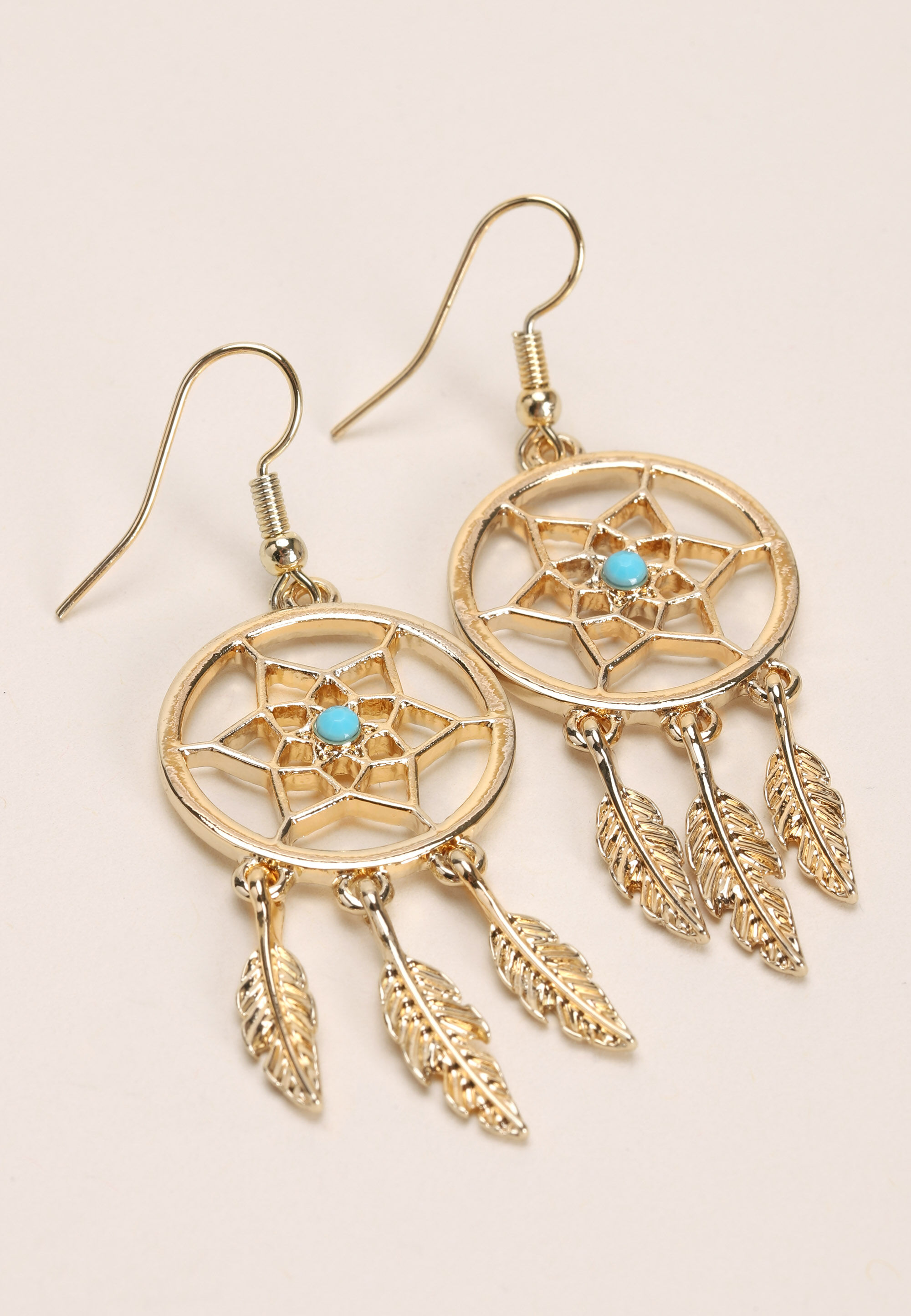 Womens Gold Dreamcatcher Charm Earrings