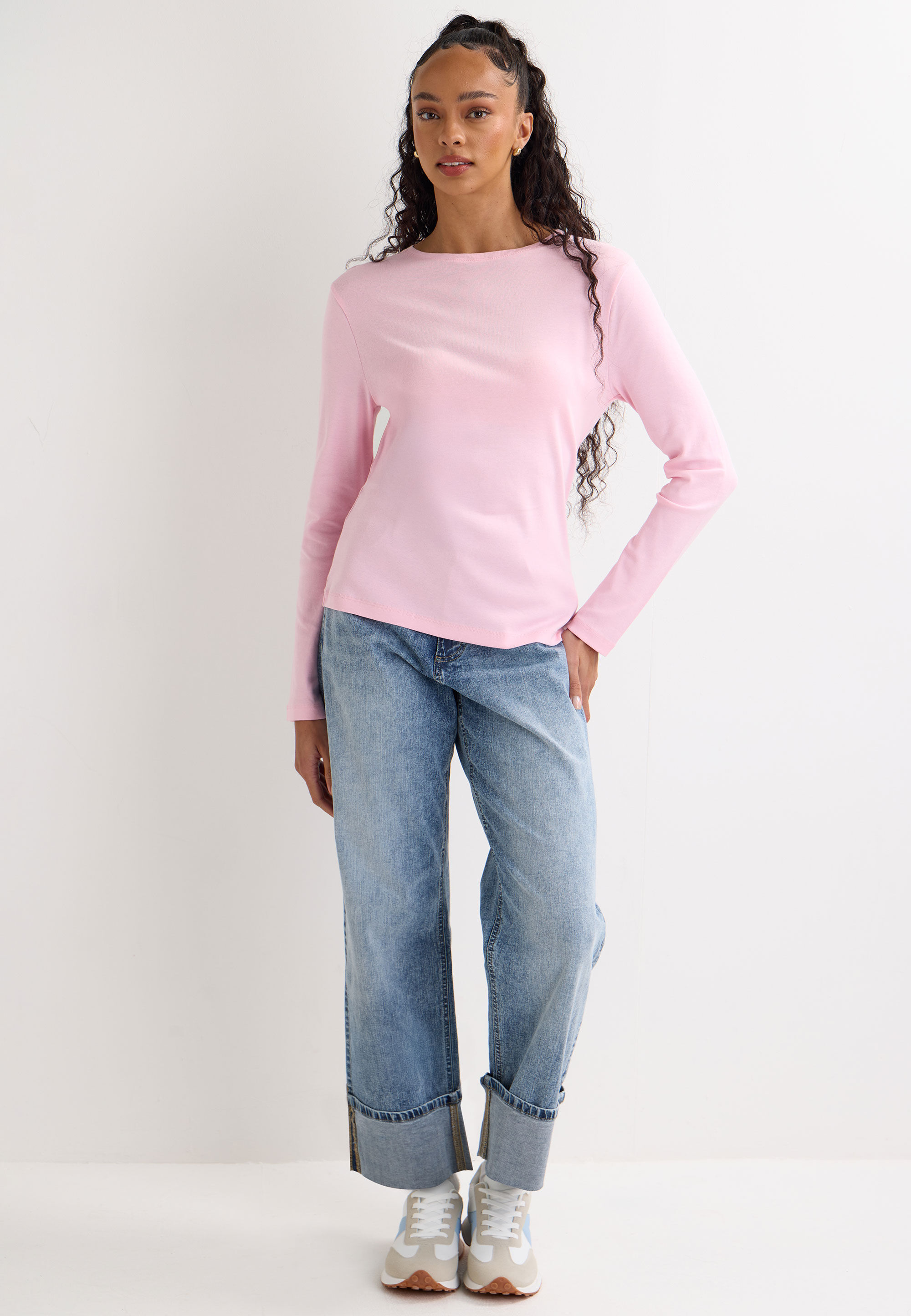 Womens Light Pink Plain Crew Neck Top