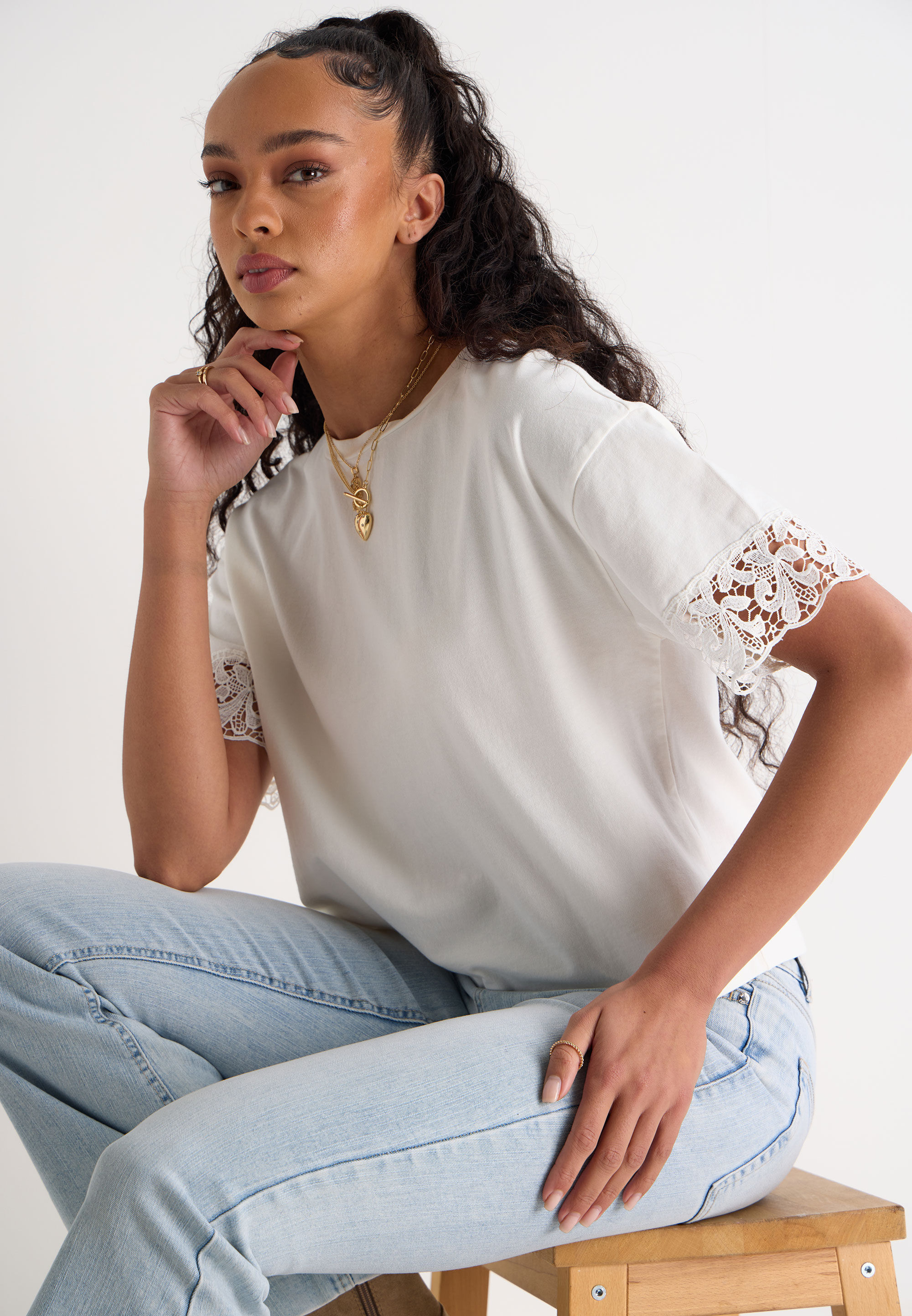 Womens Cream Acid Wash Short Lace Sleeve T-shirt