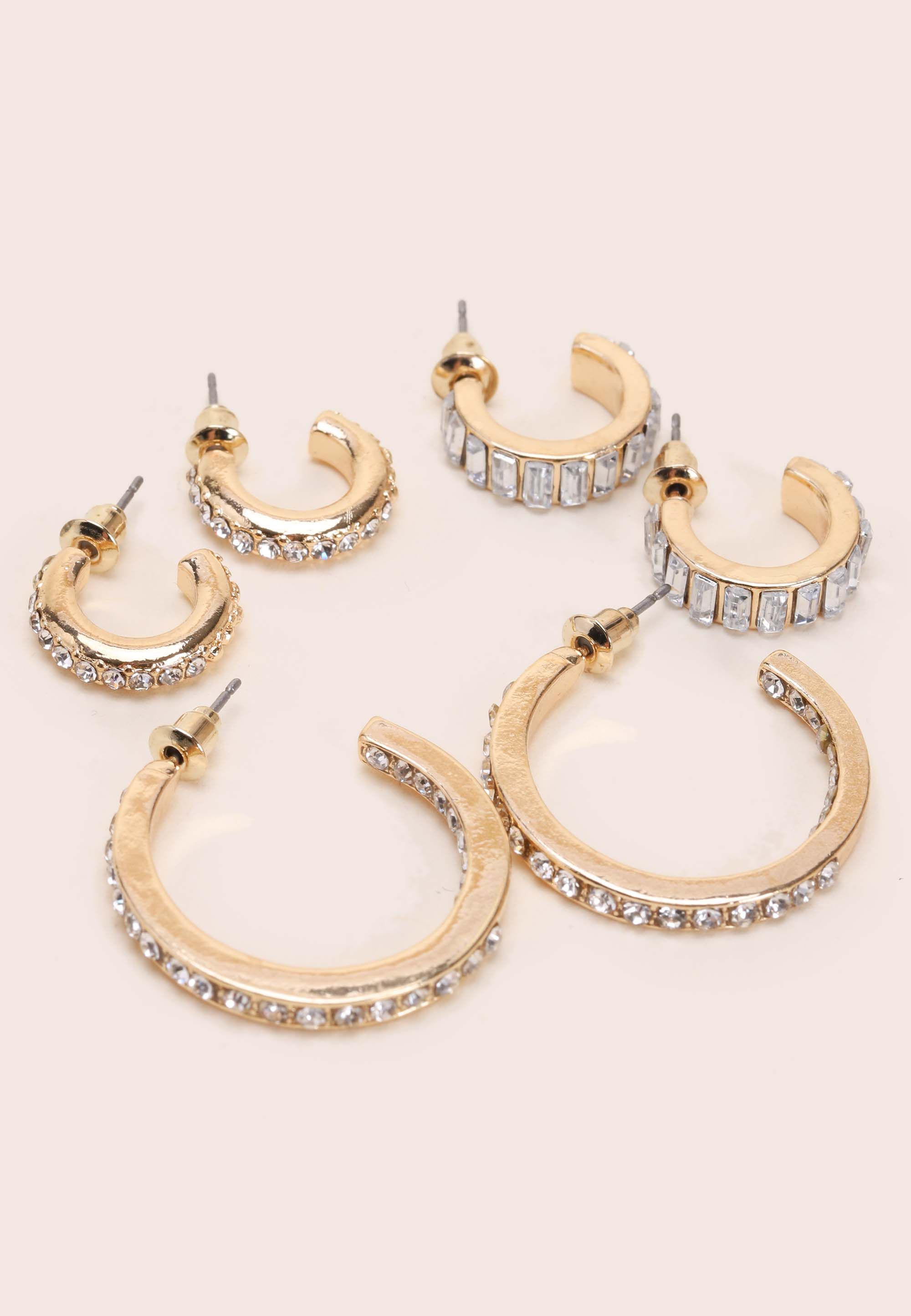 Womens 3pk Gold Diamante Hoop Earrings