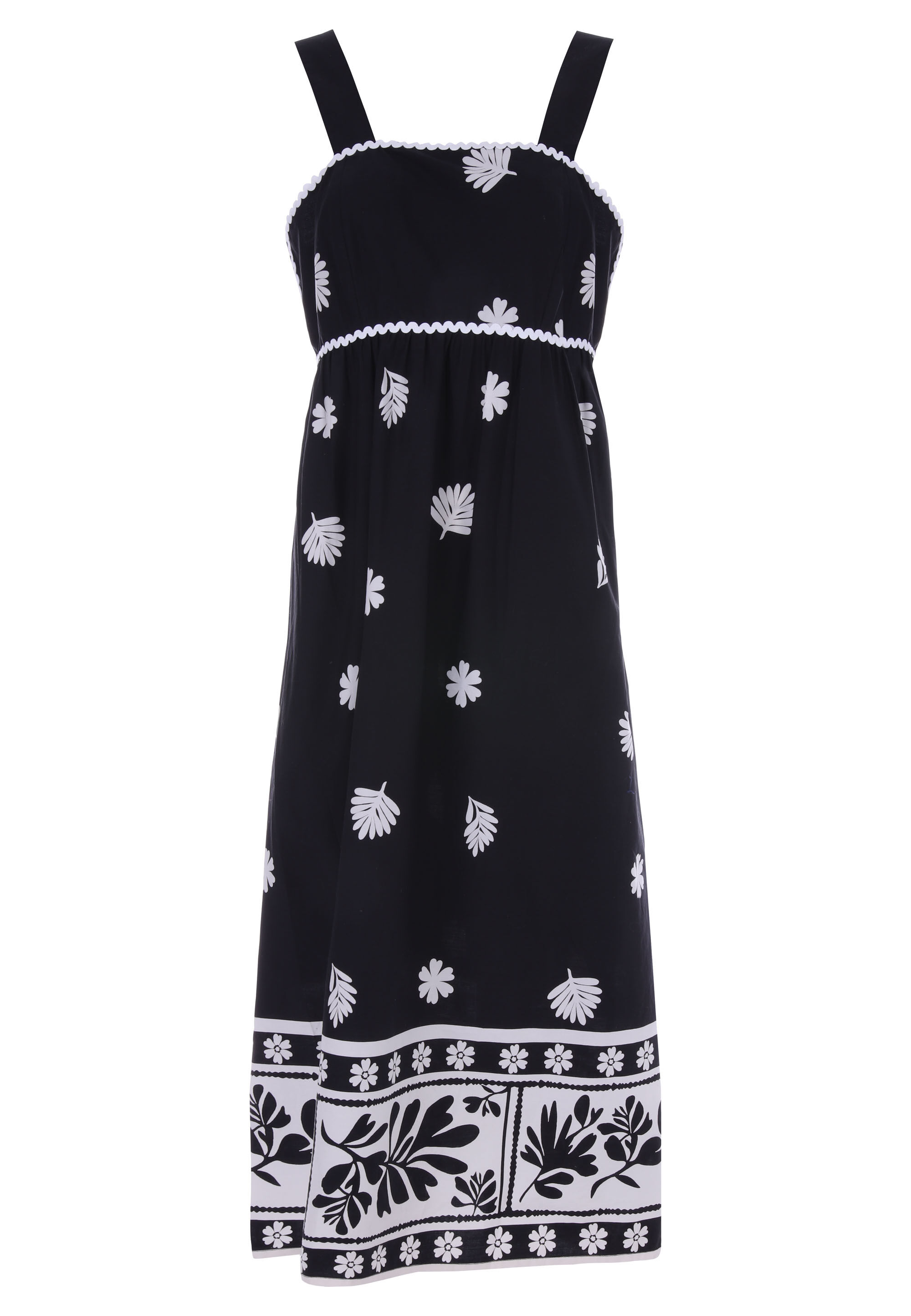 Womens Black & White Leaf Print Cotton Midi Dress