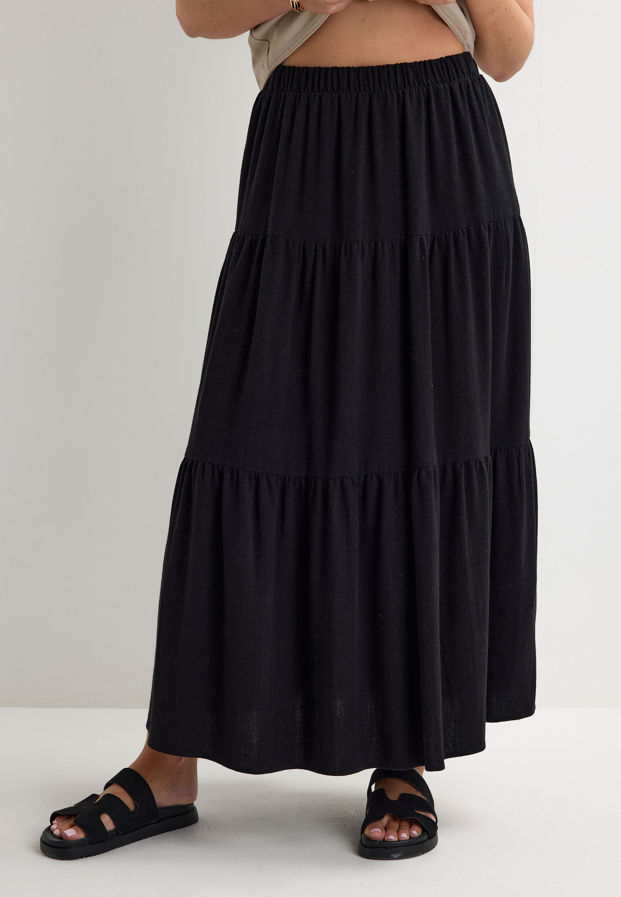 Womens Black Plain Linen Maxi Skirt