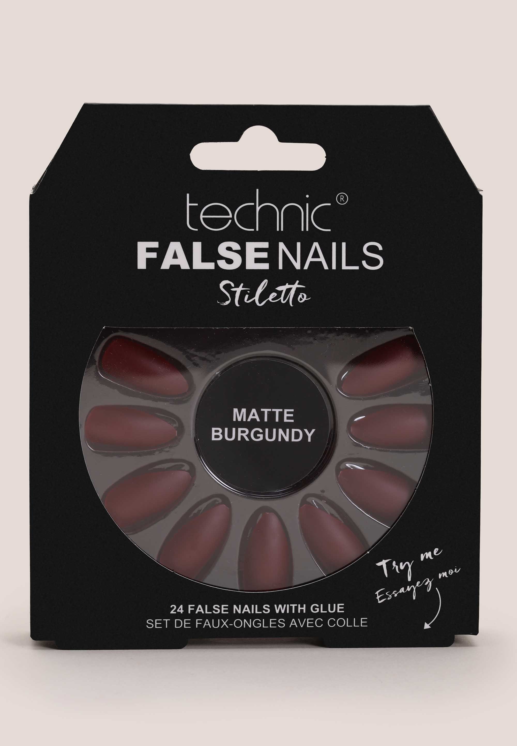 Womens Technic Burgundy Stiletto Matte False Nails