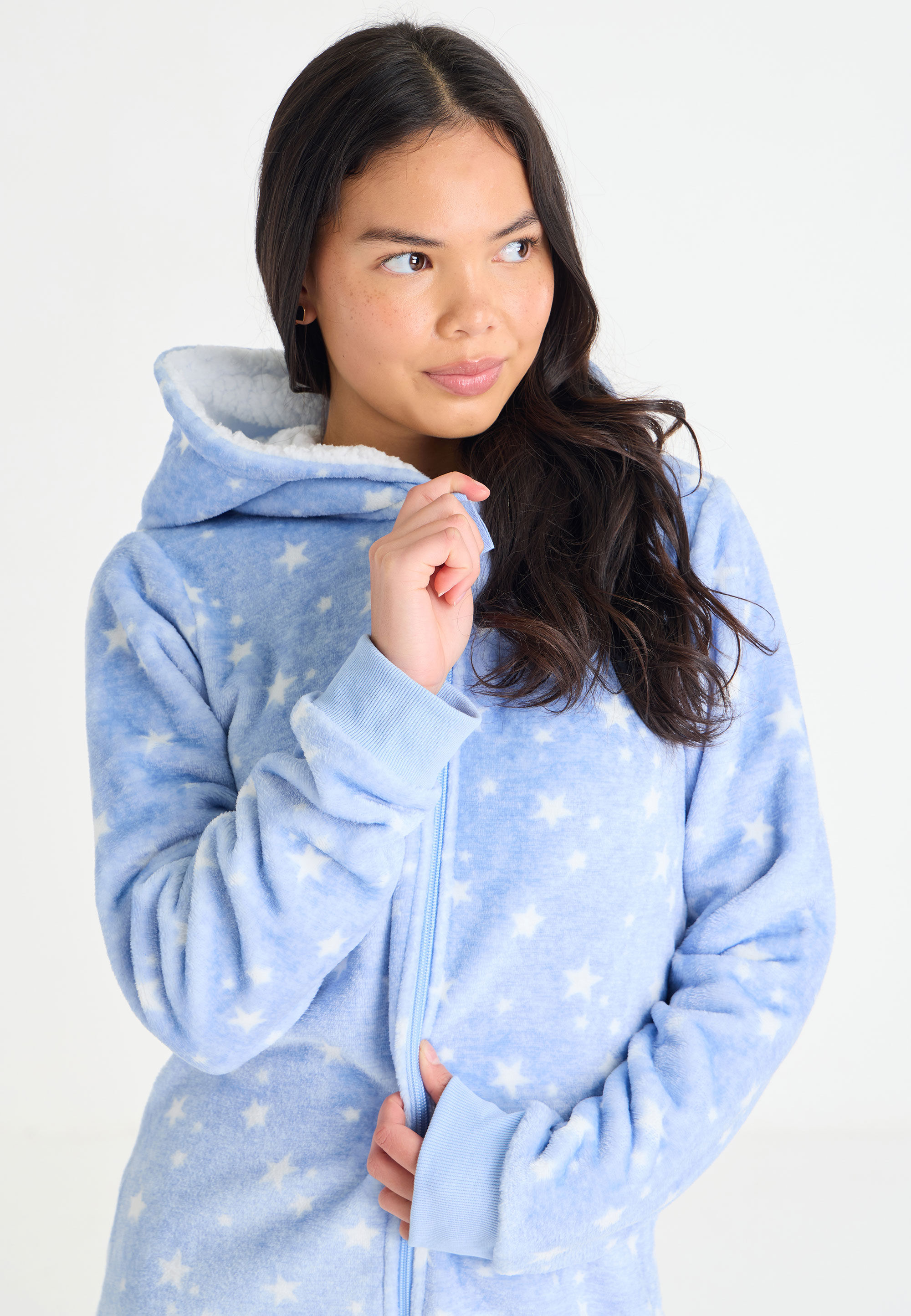 Older Girls Blue Star Fleece Hooded Onesie