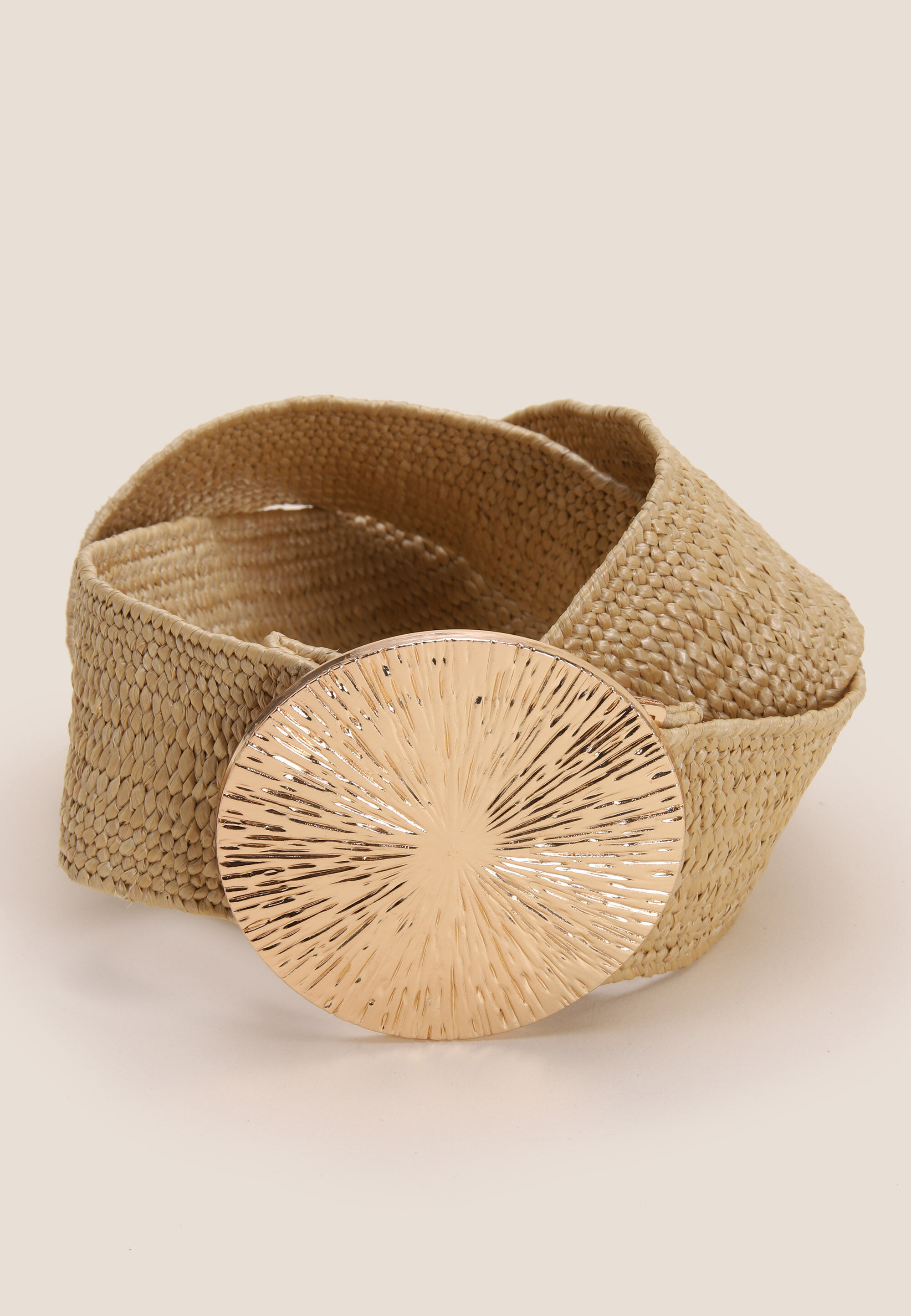 Womens Natural Woven Stretch Gold Buckle Belt