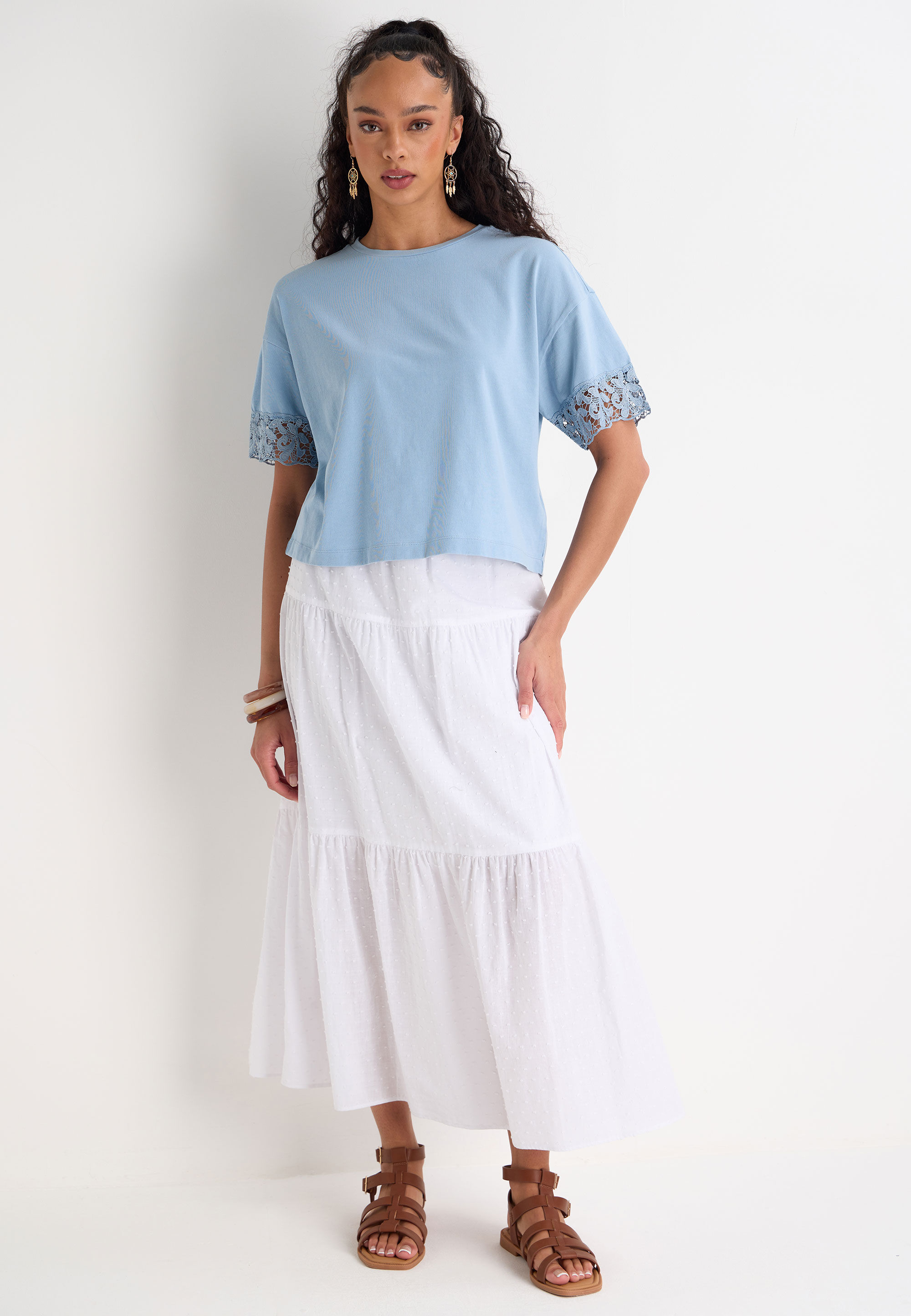 Womens Blue Acid Wash Short Lace Sleeve T-shirt