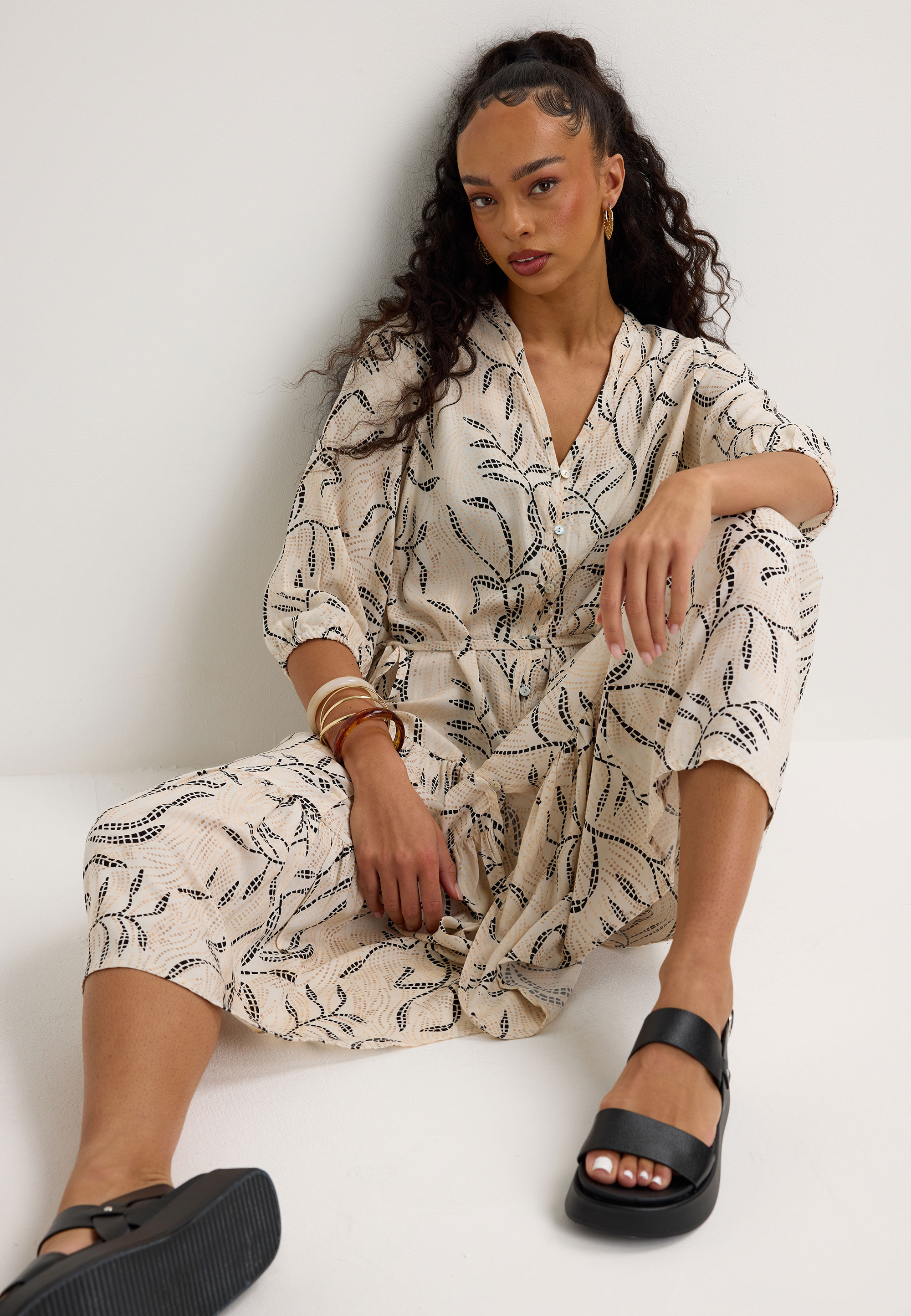 Womens Cream Leaf Print Prairie Dress