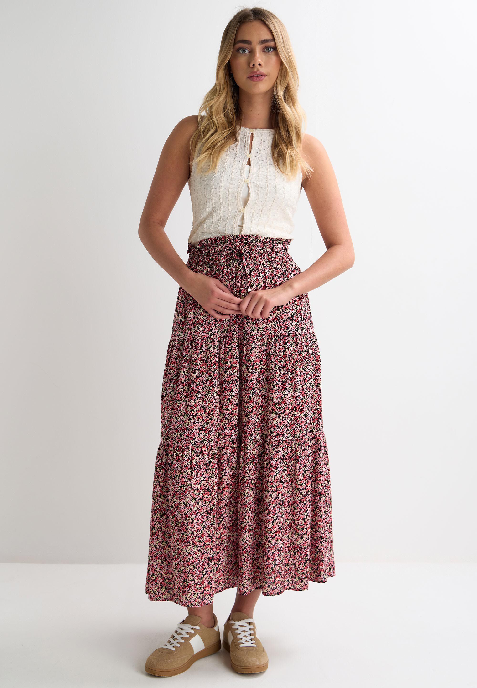 Womens Red Ditsy Print Maxi Skirt