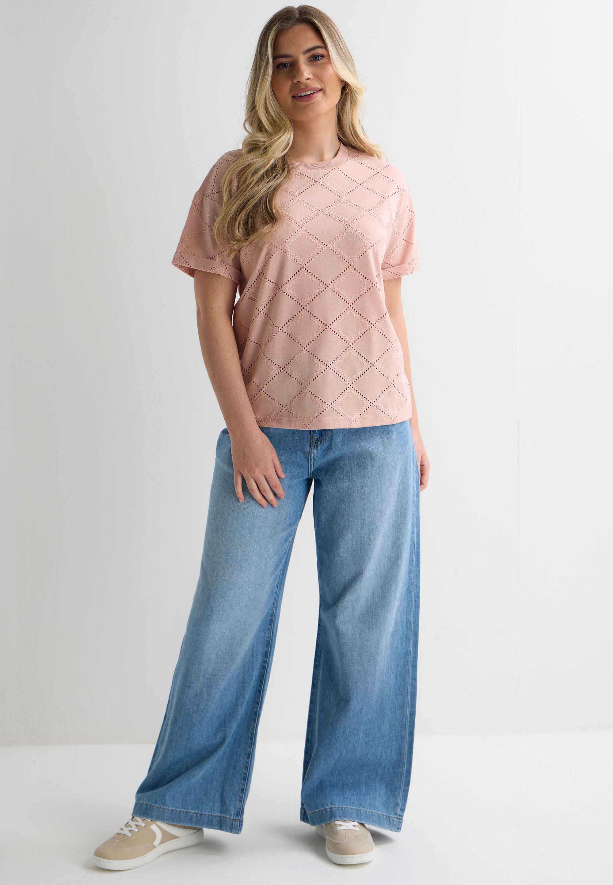Womens Pink Broderie Pattern Roll Sleeve T-Shirt