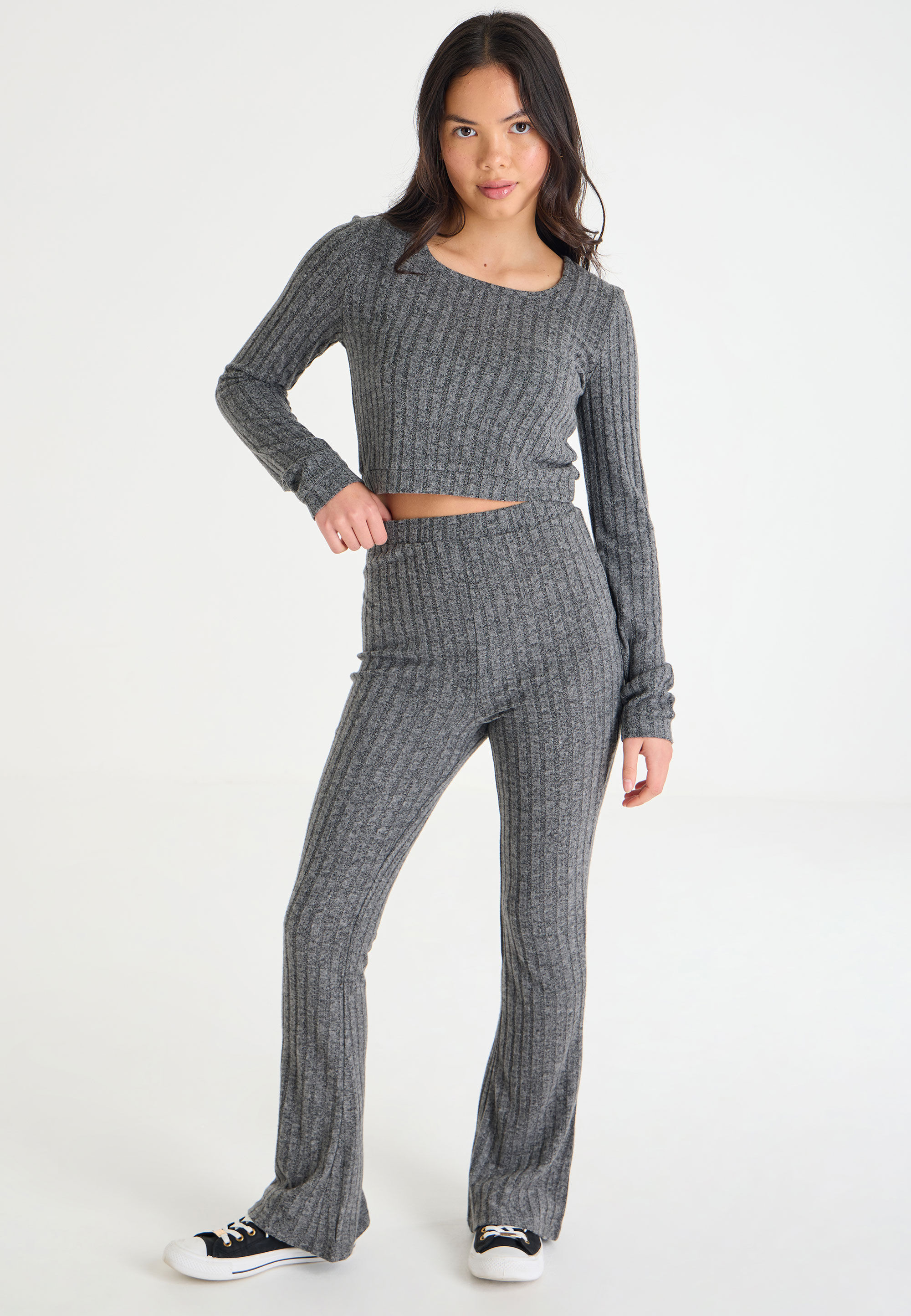 Older Girls Charcoal Cosy Ribbed Bootcut Leggings