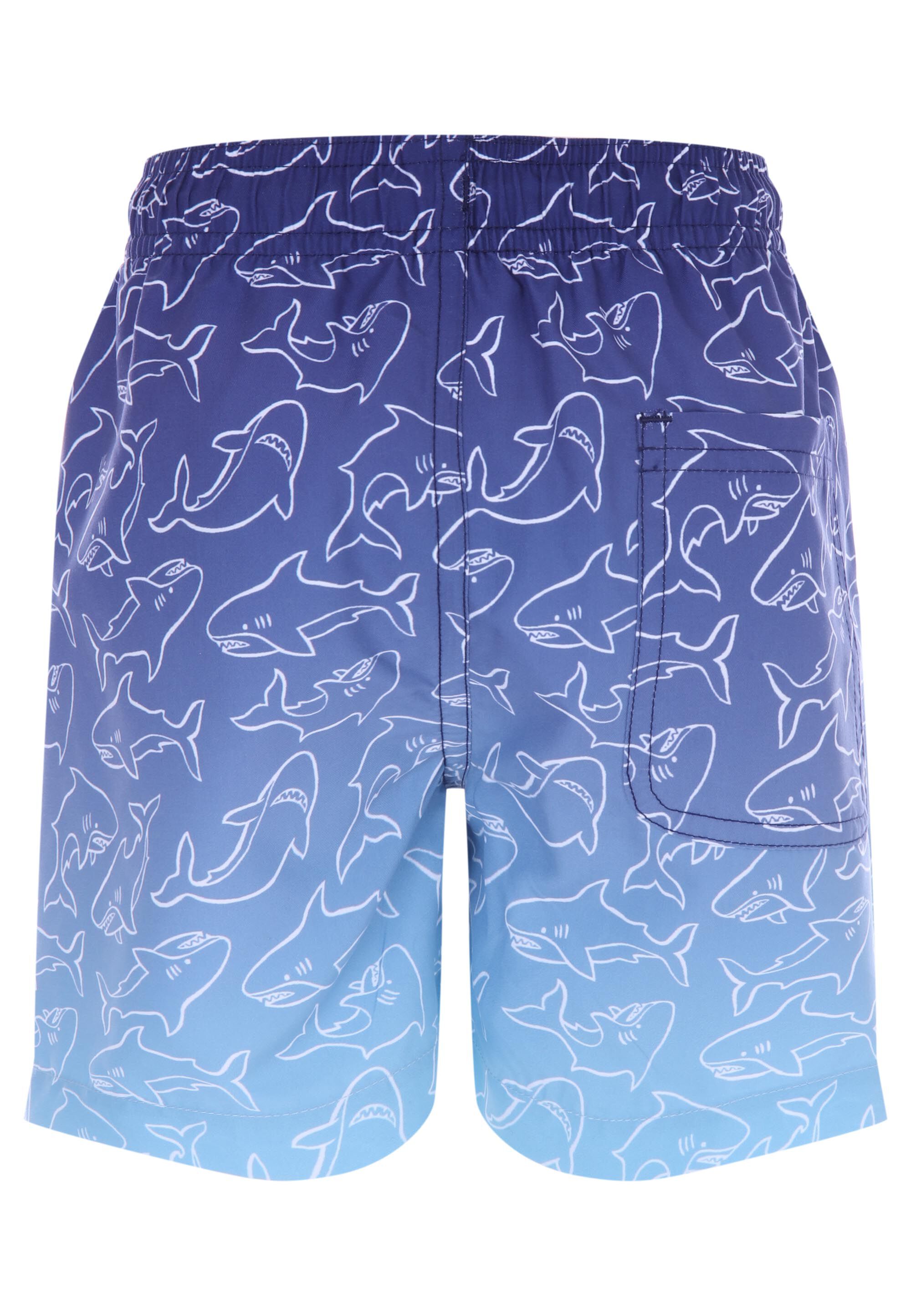 Younger Boys Navy & White Shark Print Swim Shorts