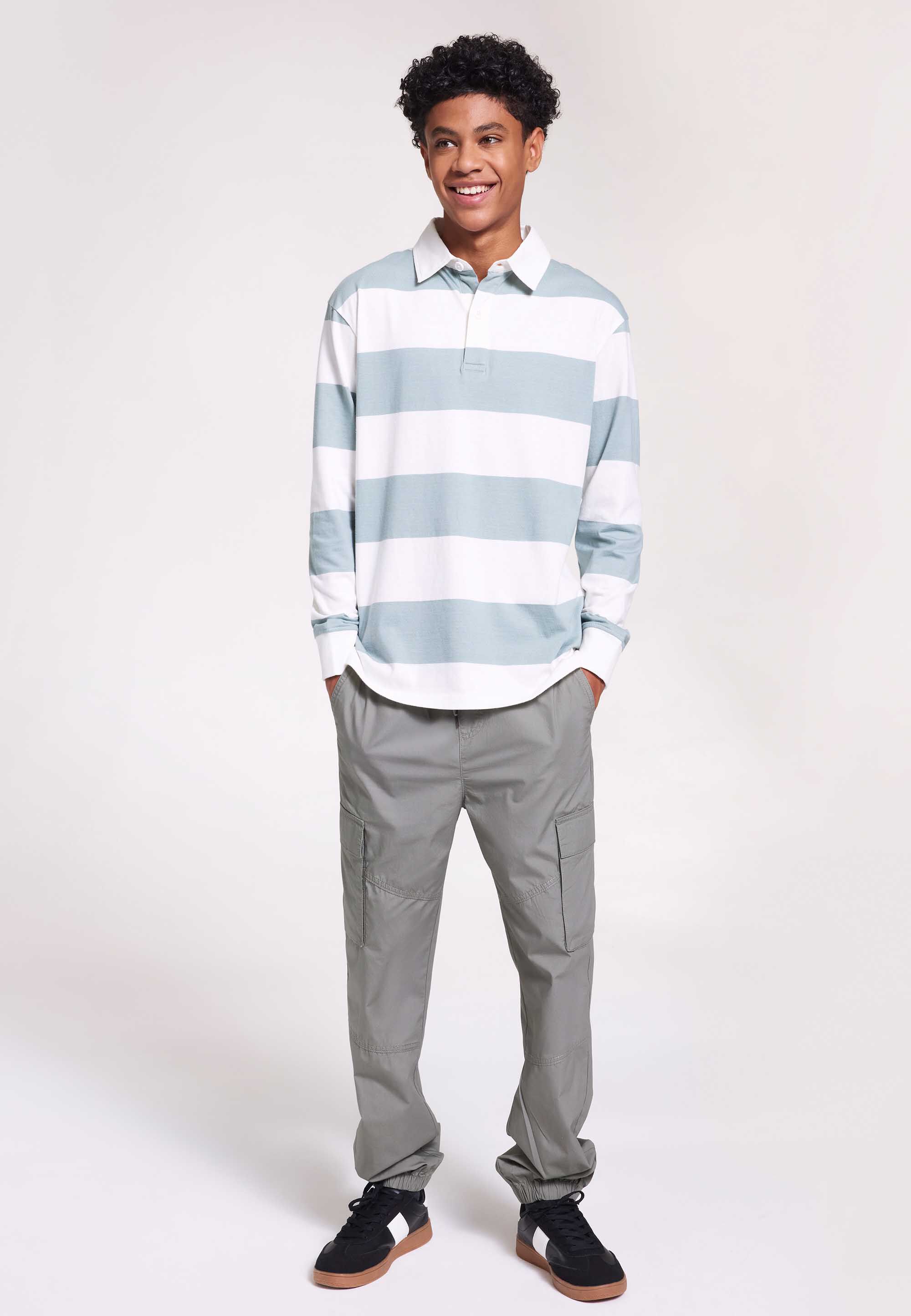 Older Boys Khaki Stripe Rugby Polo T-Shirt