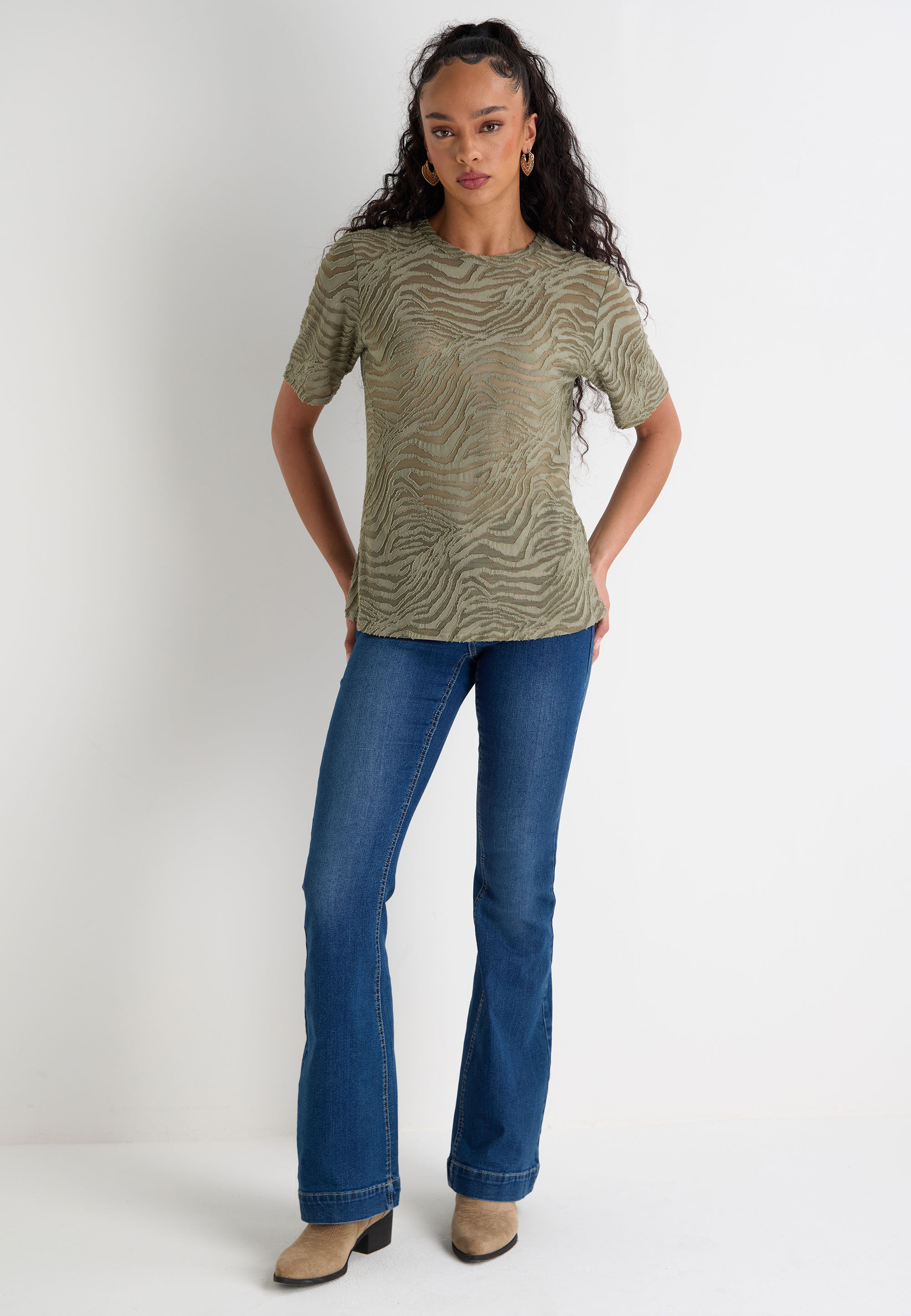 Womens Khaki Zebra Burnout Short Sleeve Top