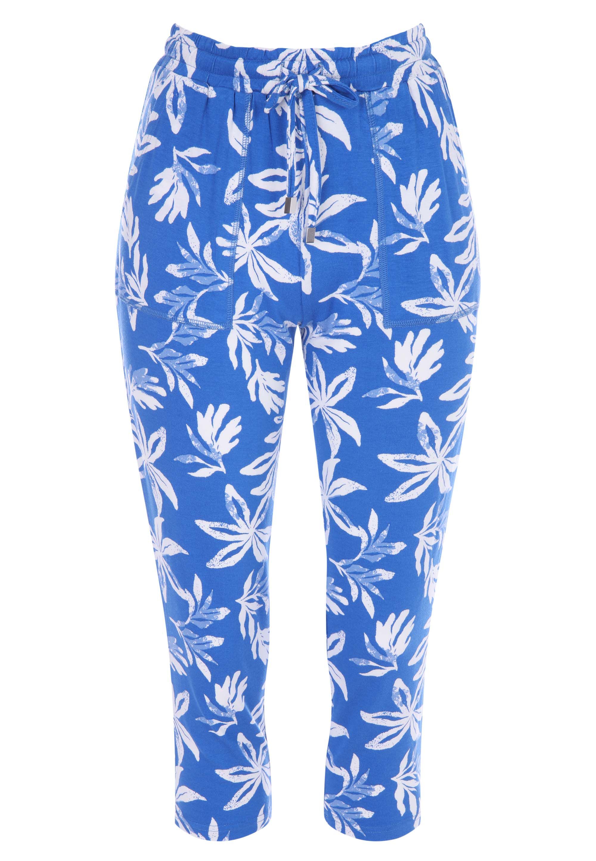 Womens Blue Floral Print Relaxed Cropped Trousers