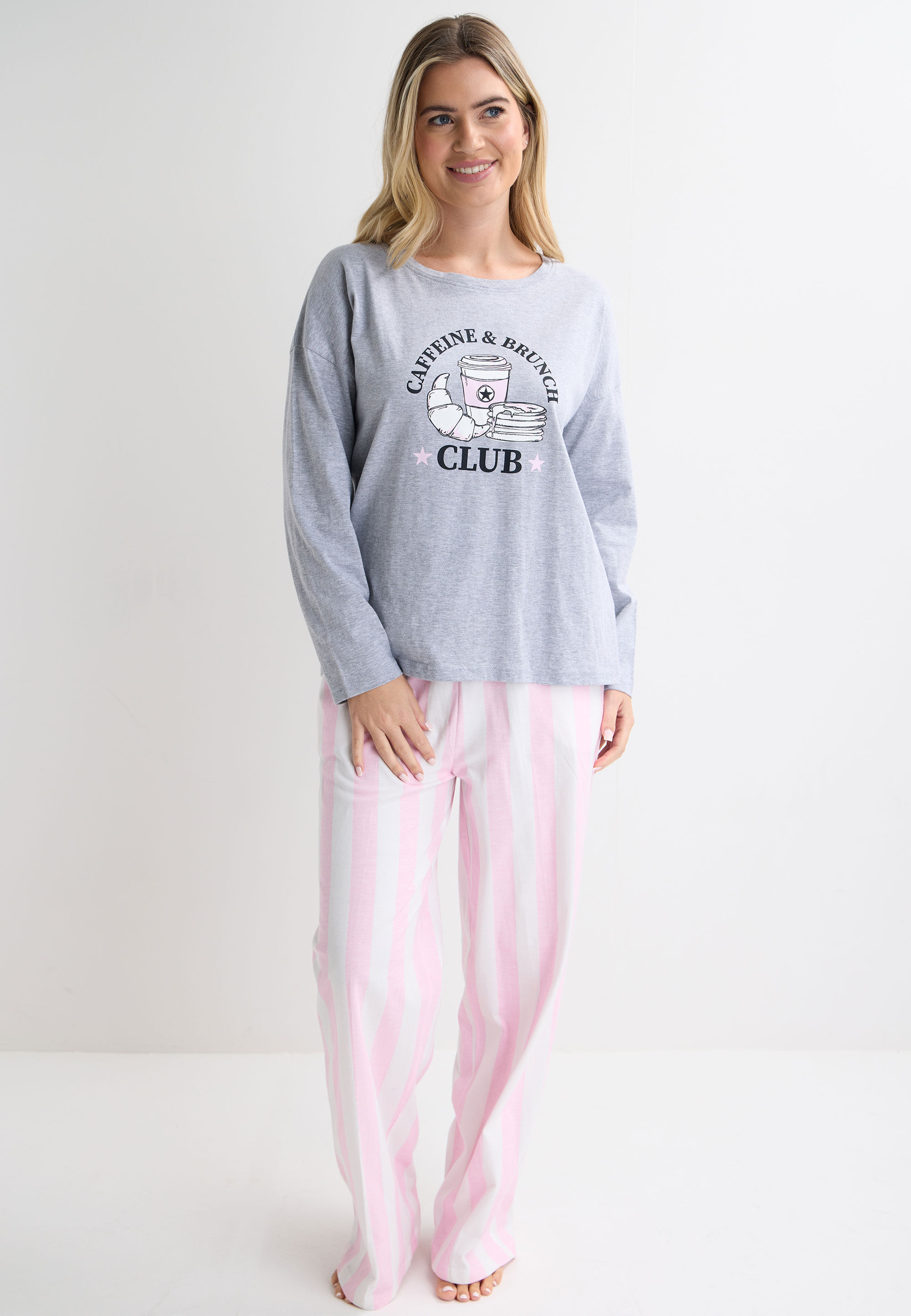 Womens Grey & Pink Stripe Brunch Club Pyjama Set