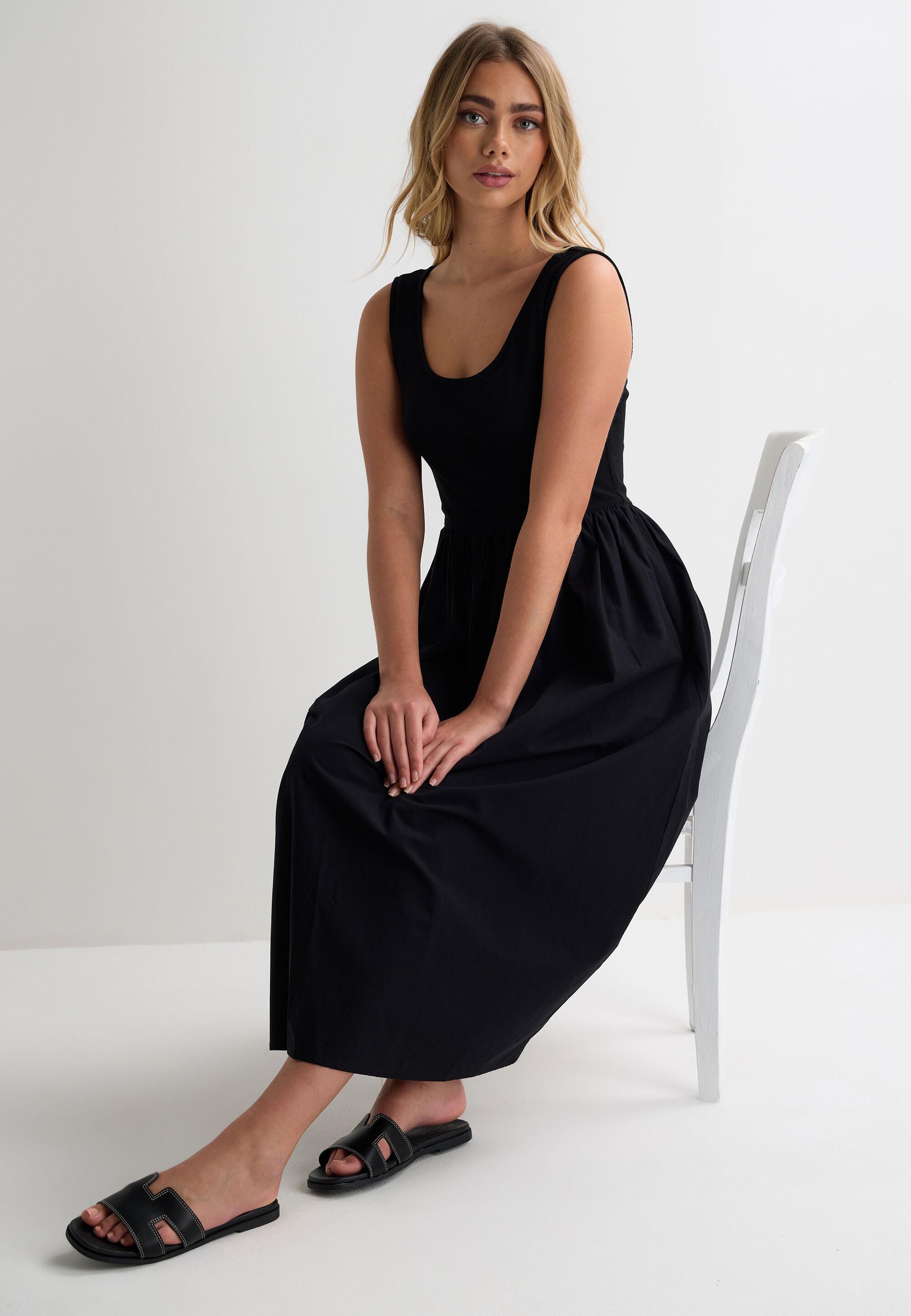 Womens Black Plain 2 in 1 Midi Dress
