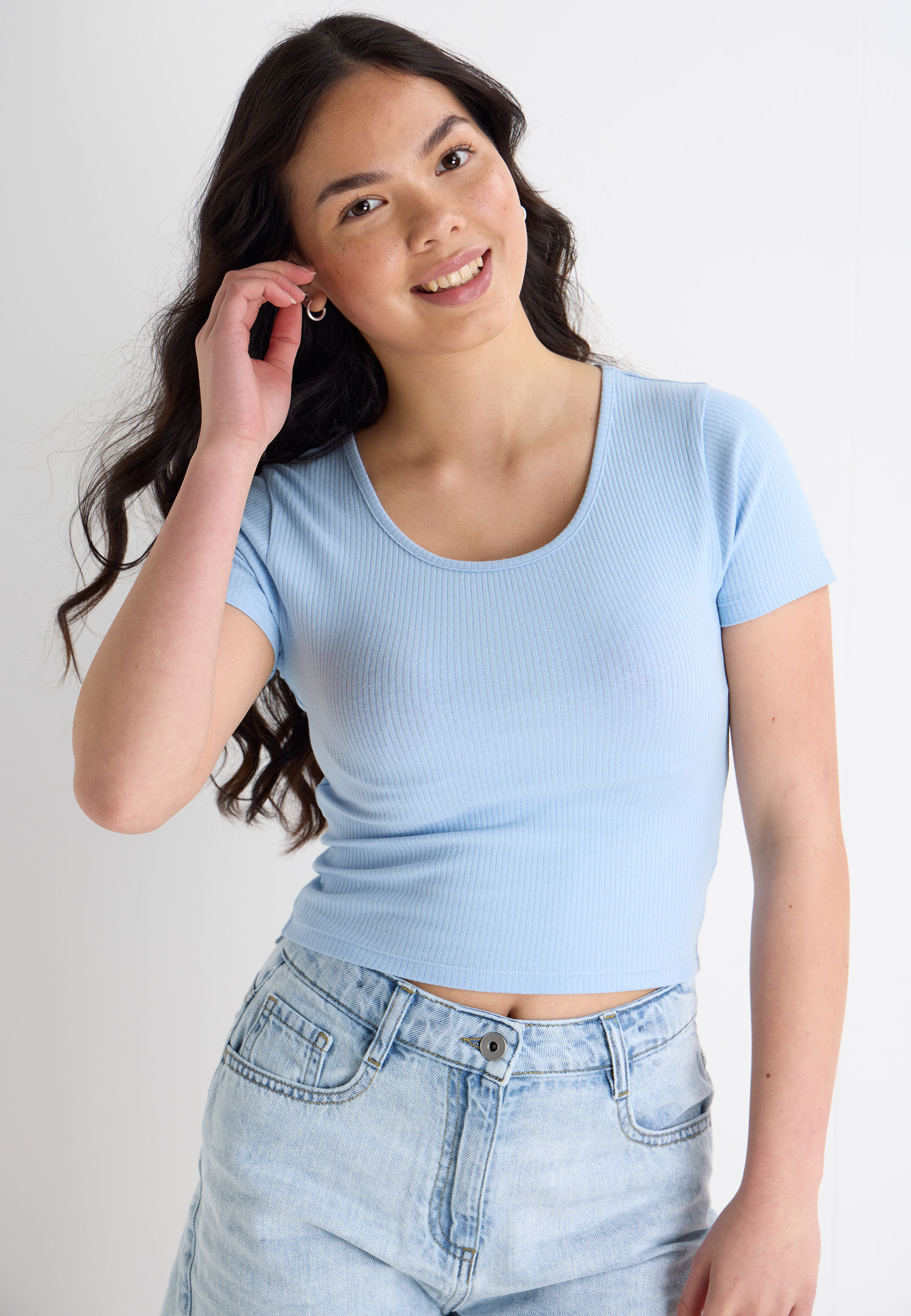 Older Girls Blue Ribbed Scoop Neck Top