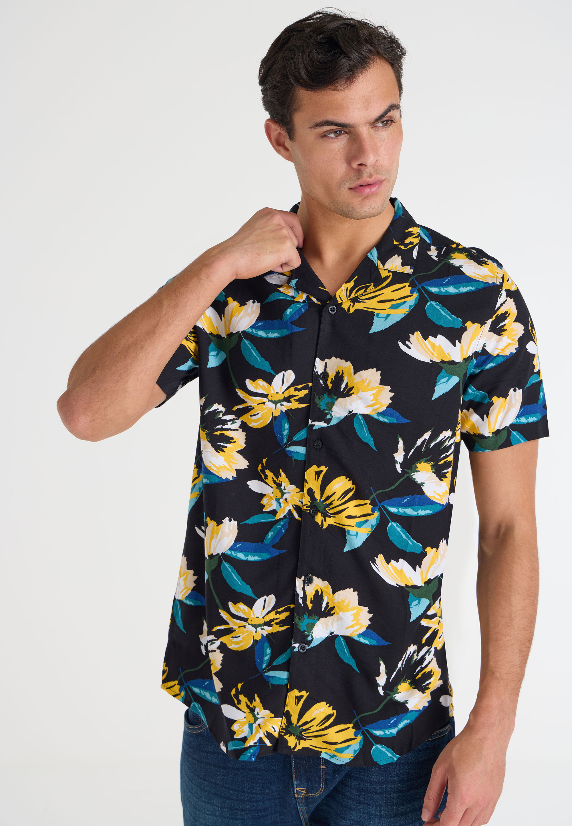 Mens Black & Yellow Floral Print Shirt