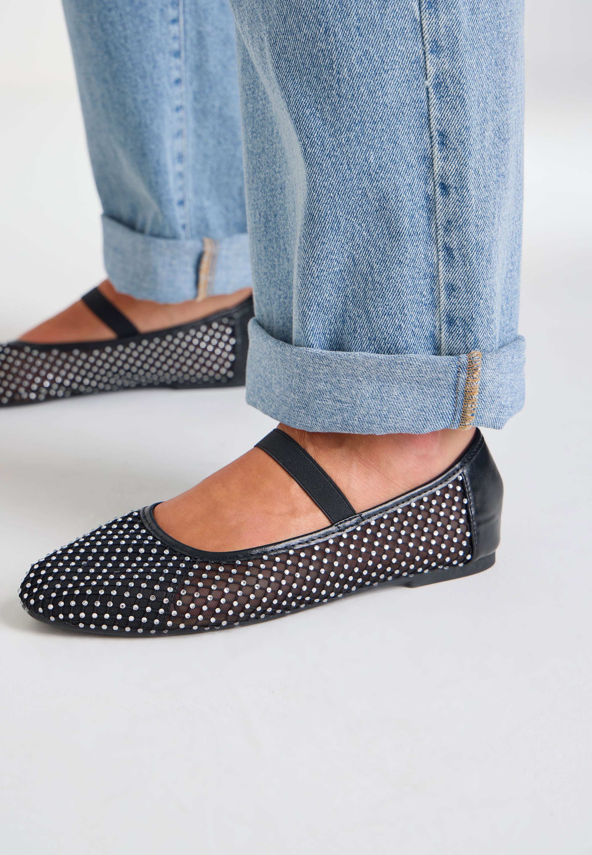 Womens Black Diamante Mesh Ballet Pumps