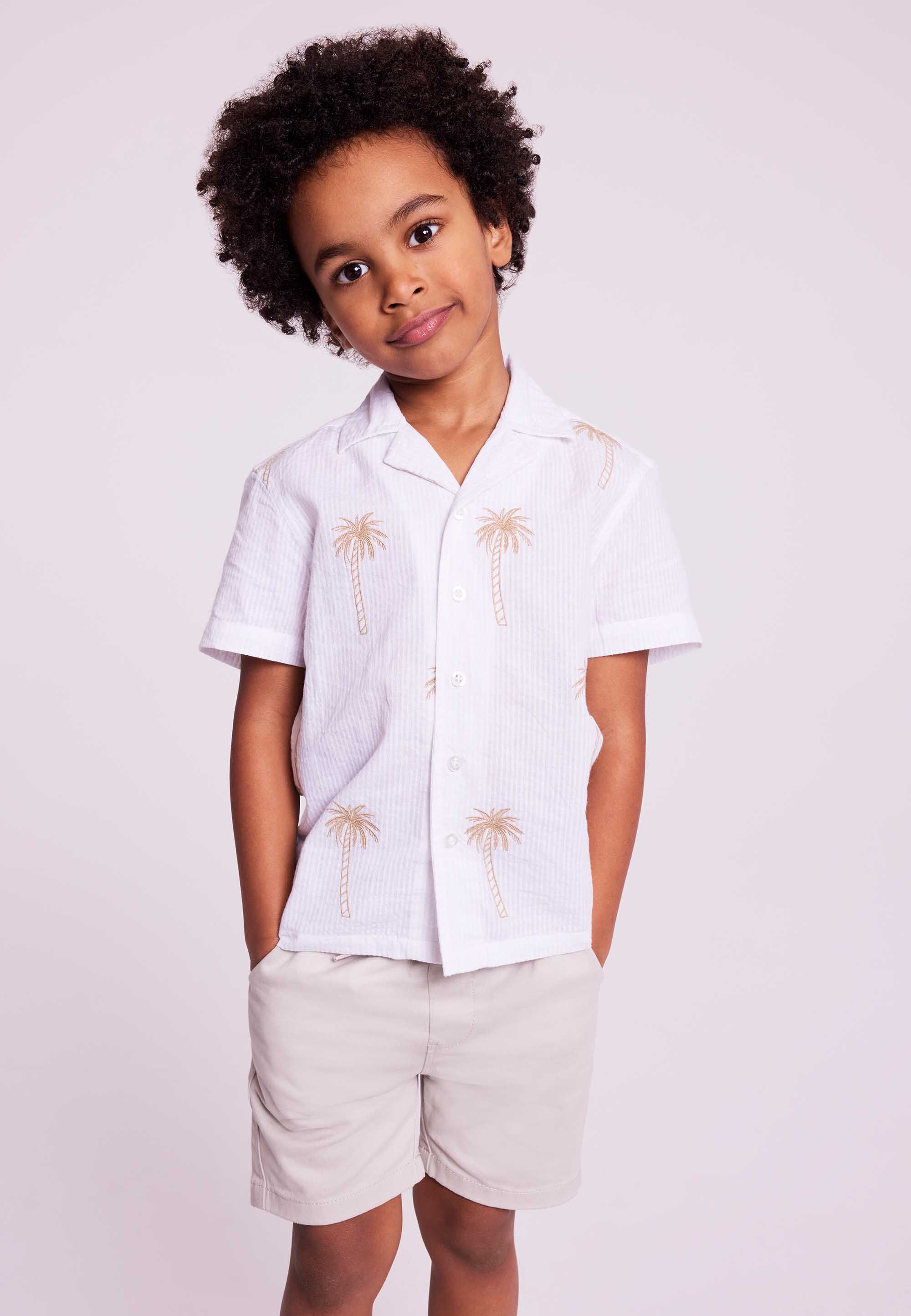Younger Boys White Cotton Palm Tree Embroidered Shirt