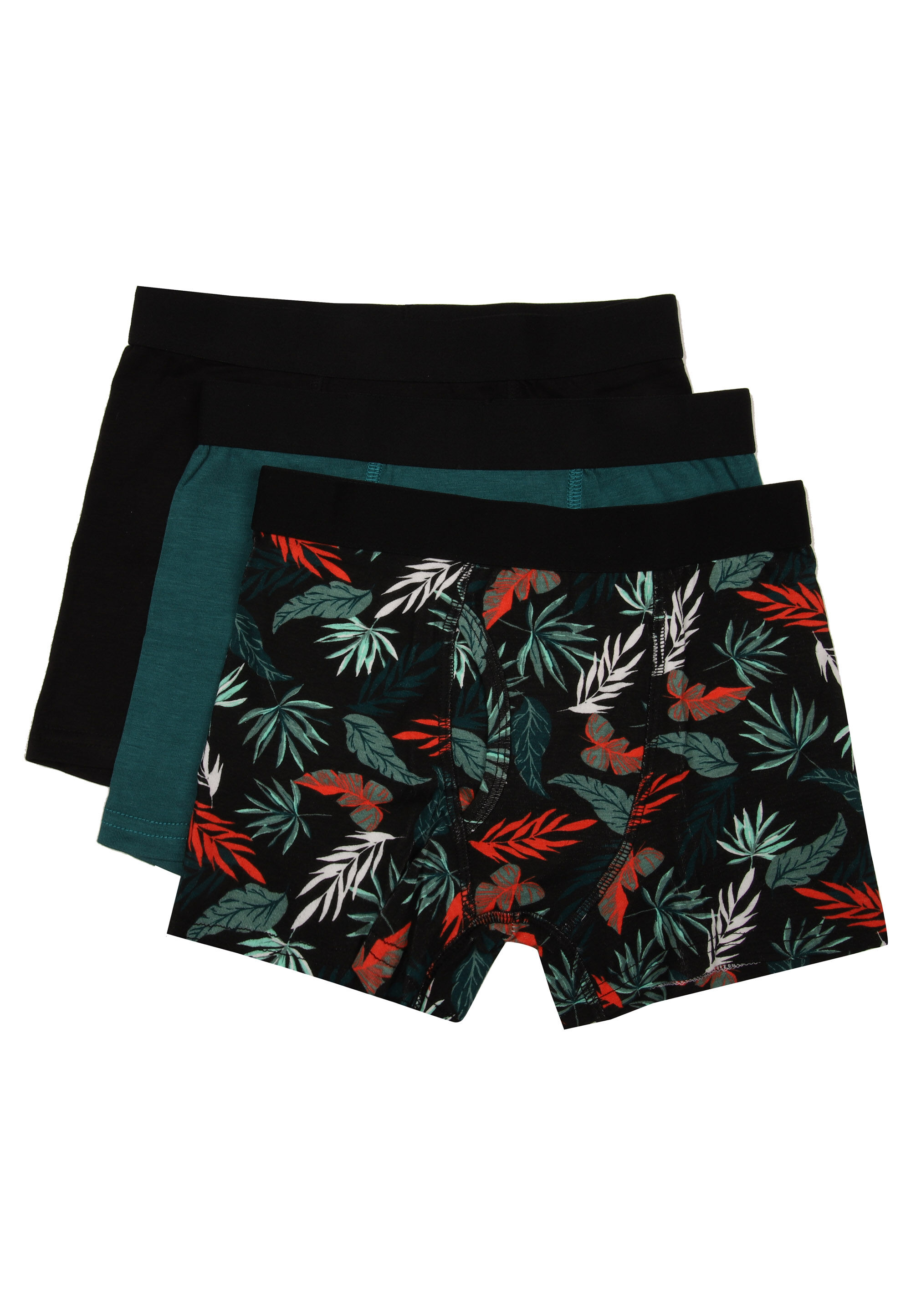 Older Boys 3pk Black & Green Leaf Print Trunks