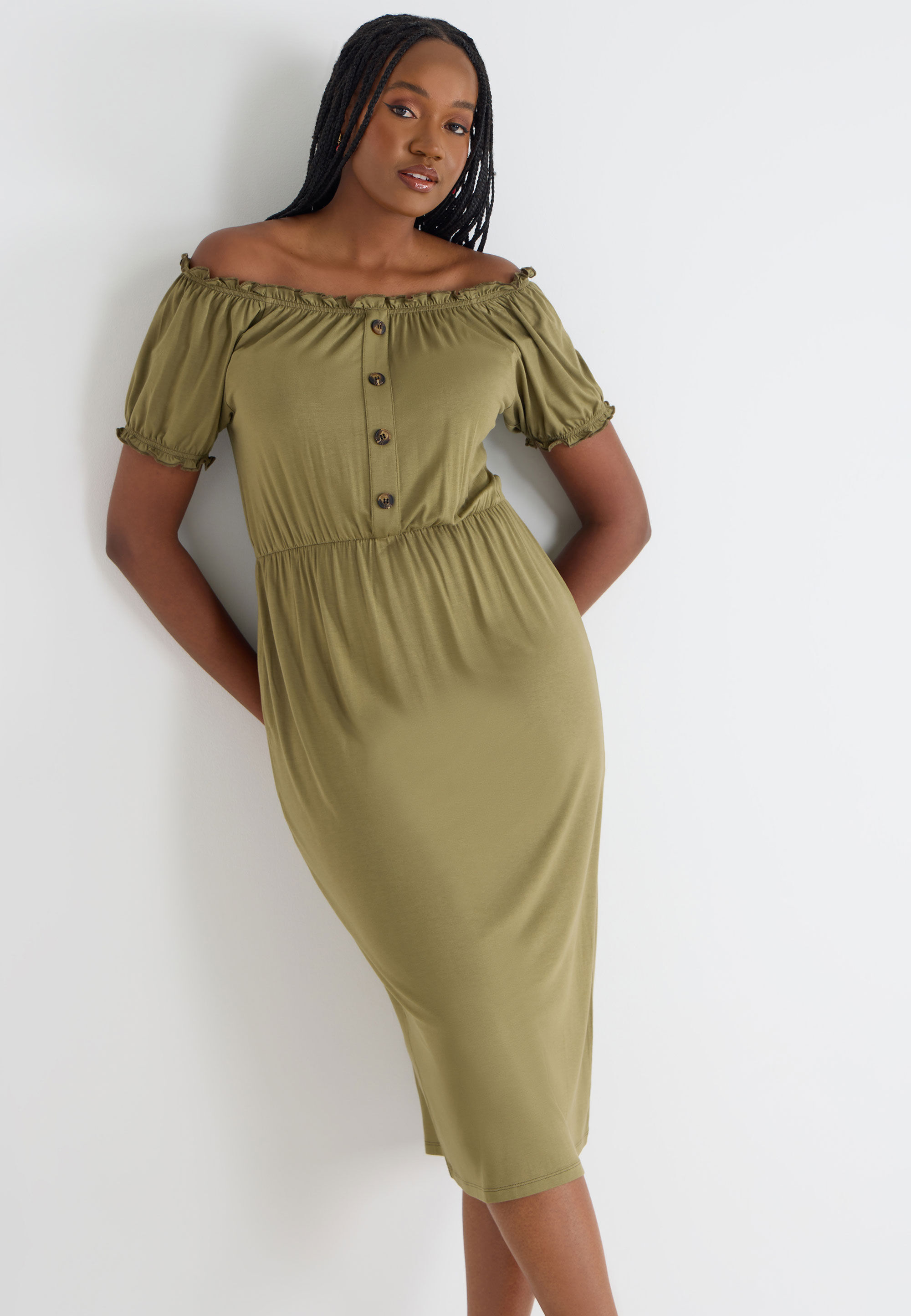 Womens Khaki Gypsy Buttoned Midi Dress