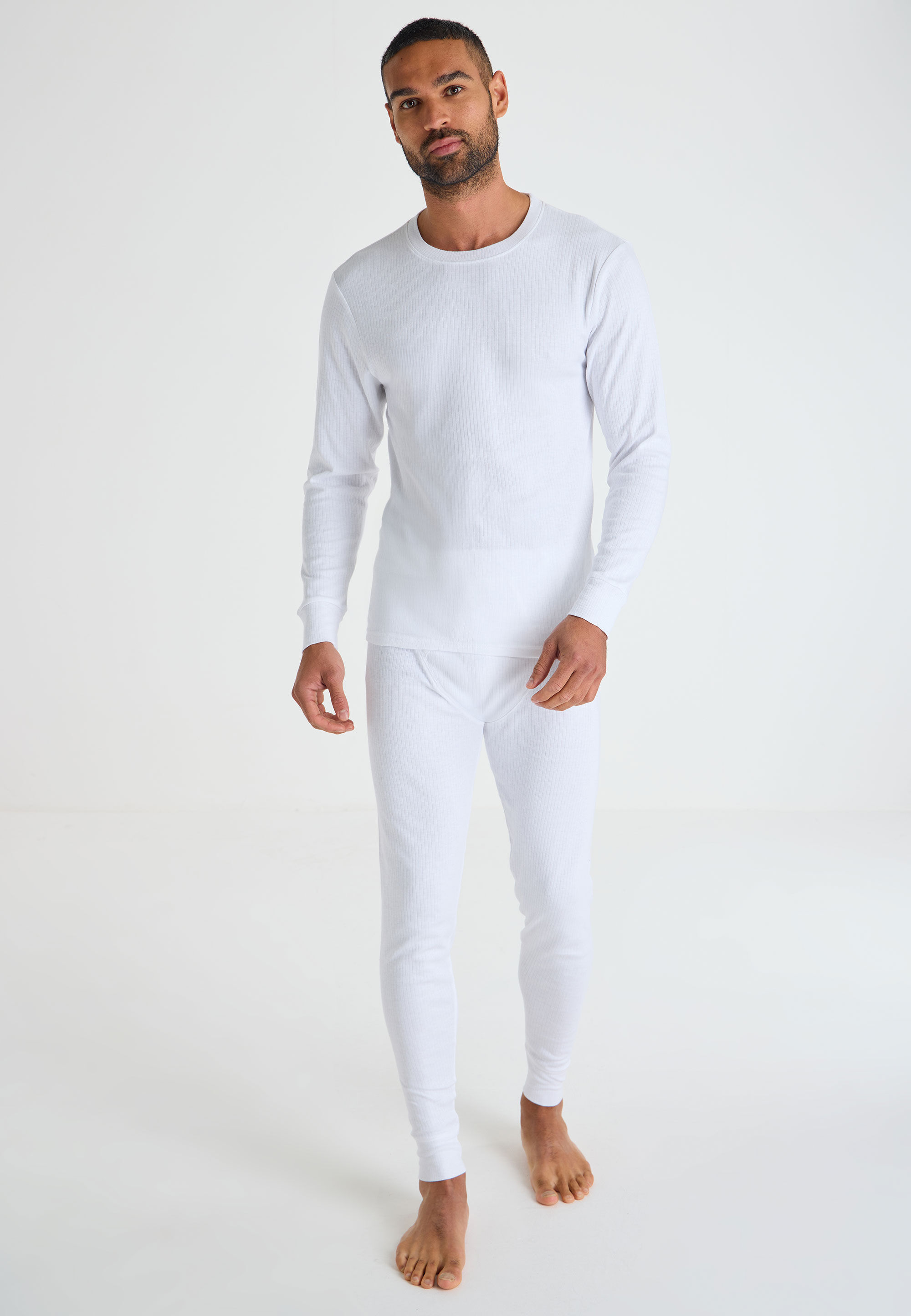 Mens White Thermal Ribbed Long Sleeve Top