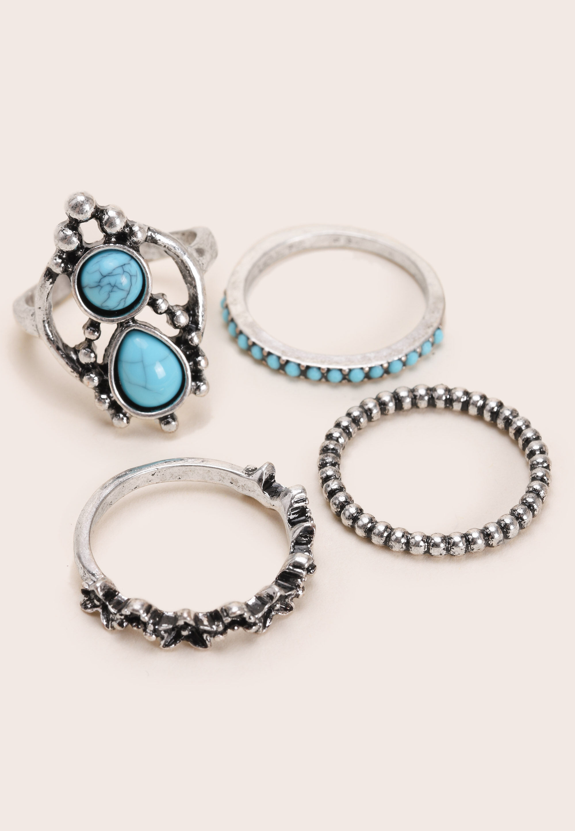 Womens 4pk Silver & Turquoise Stone Rings